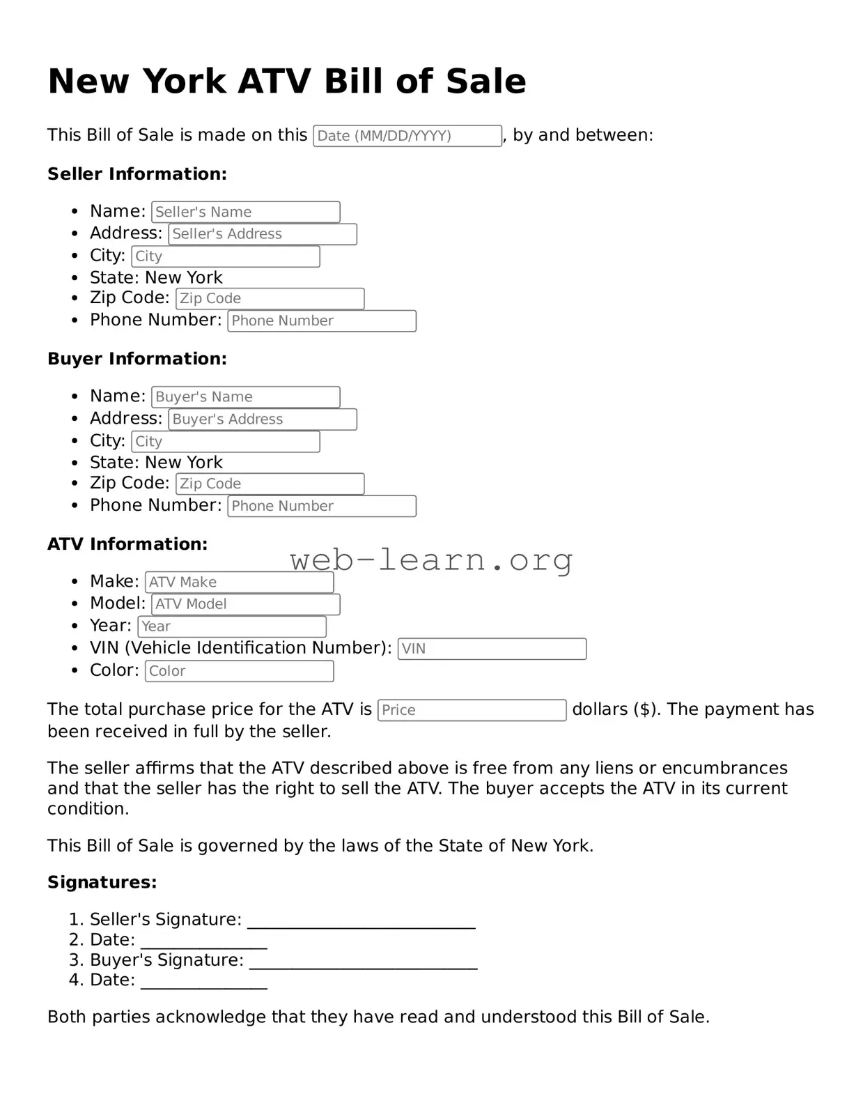 Attorney-Approved ATV Bill of Sale Document for the State of New York