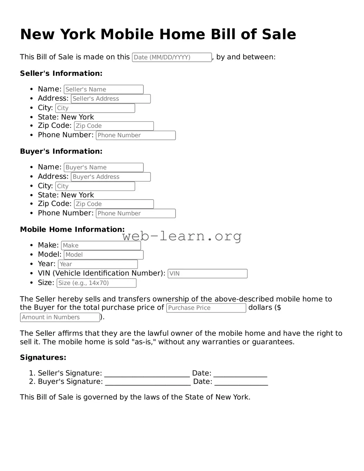 Attorney-Approved Mobile Home Bill of Sale Document for the State of New York