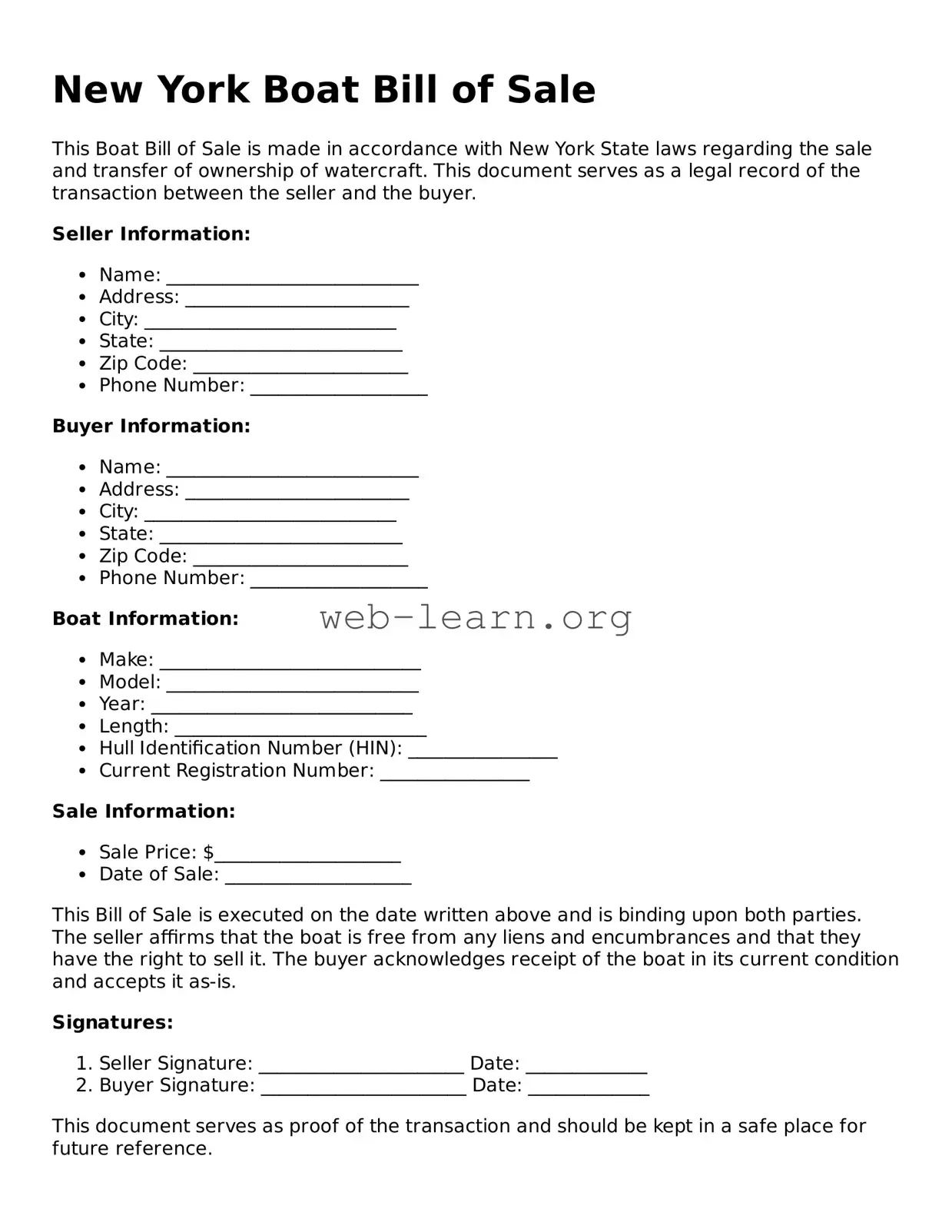 Attorney-Approved Boat Bill of Sale Document for the State of New York
