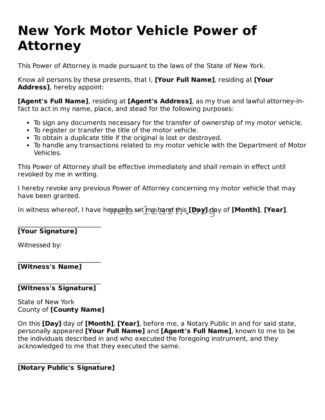 Attorney-Approved Motor Vehicle Power of Attorney Document for the State of New York