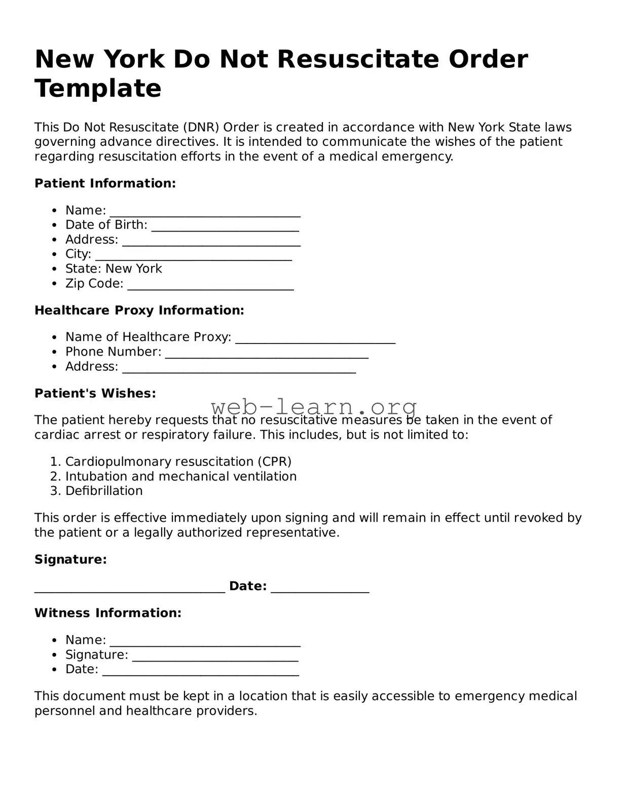 Attorney-Approved Do Not Resuscitate Order Document for the State of New York