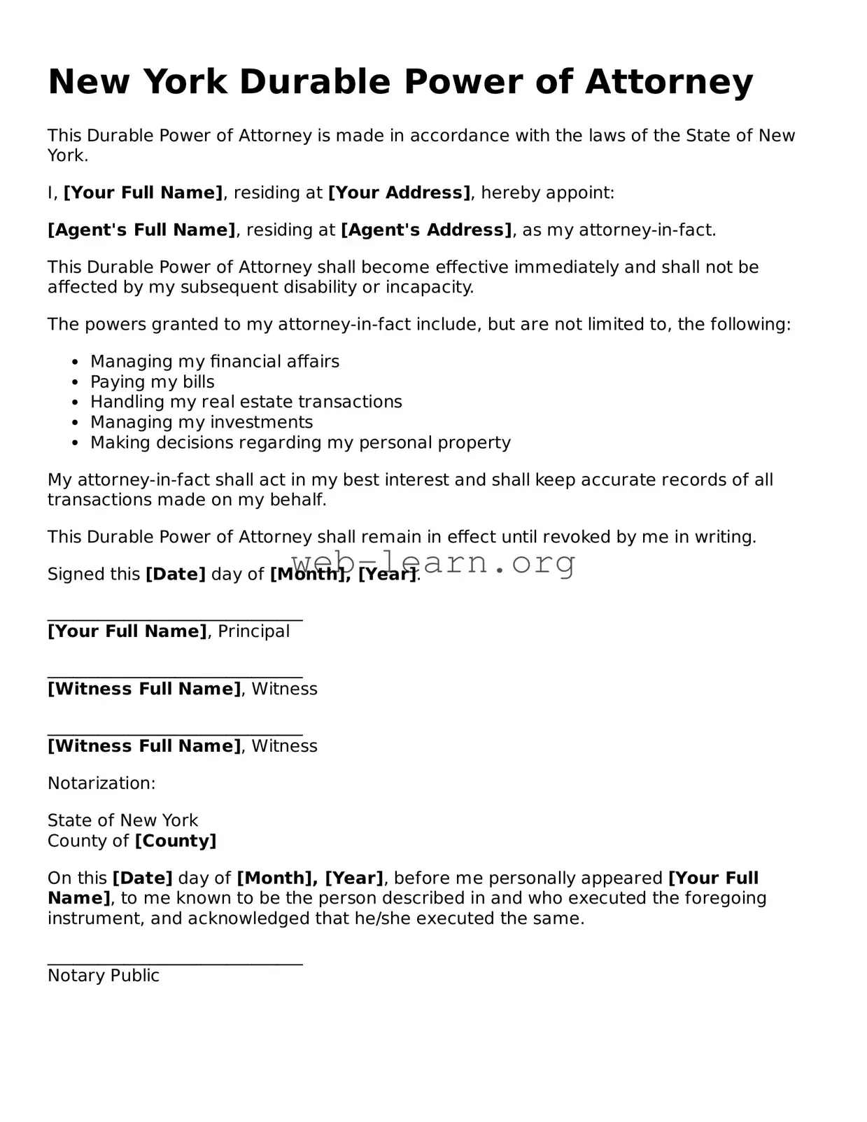Attorney-Approved Durable Power of Attorney Document for the State of New York