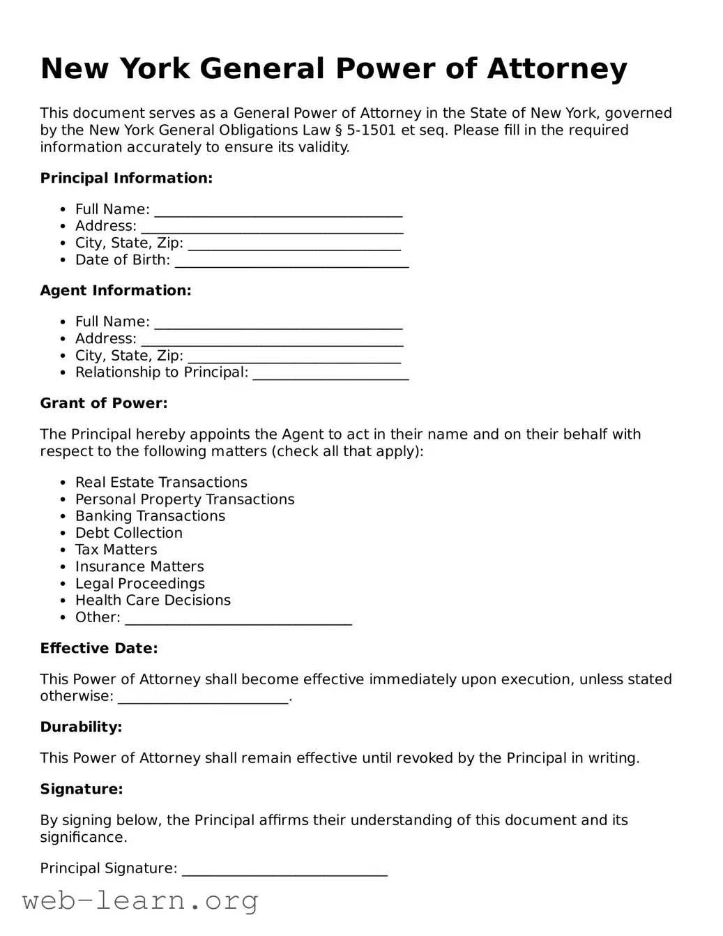 Attorney-Approved General Power of Attorney Document for the State of New York