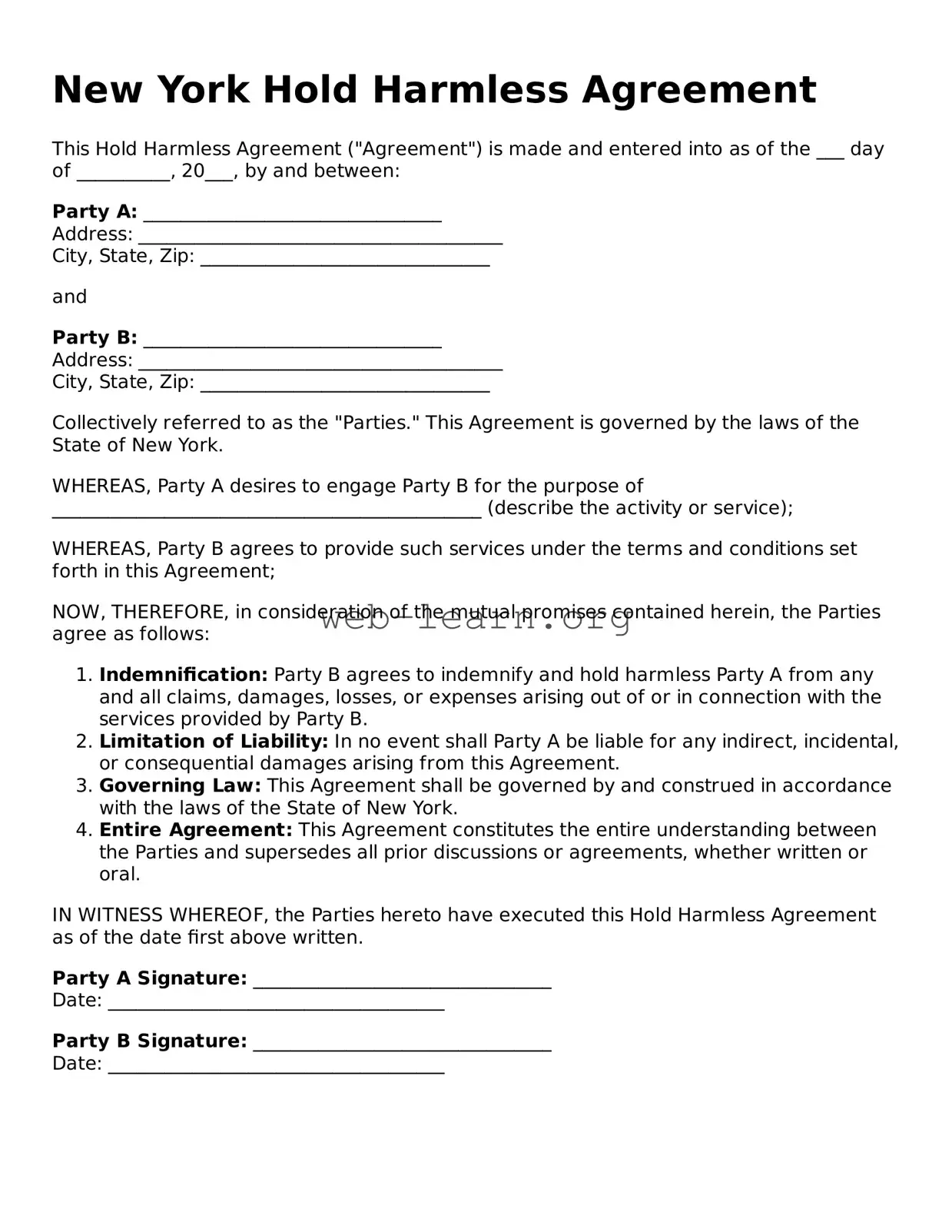 Attorney-Approved Hold Harmless Agreement Document for the State of New York