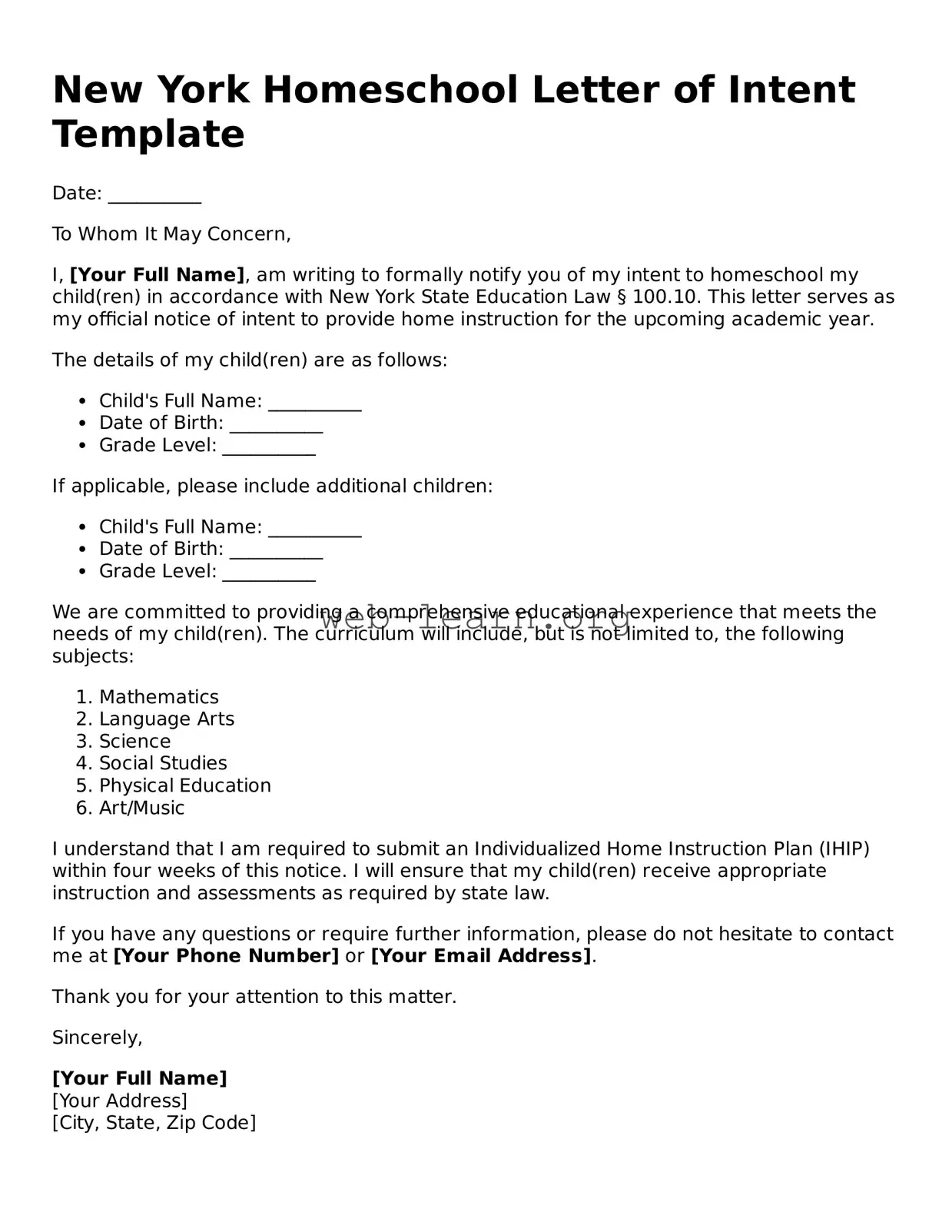Attorney-Approved Homeschool Letter of Intent Document for the State of New York