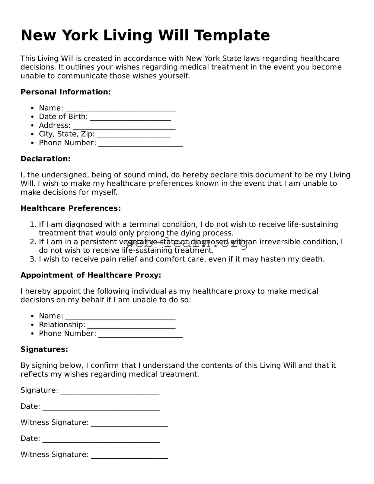 Attorney-Approved Living Will Document for the State of New York