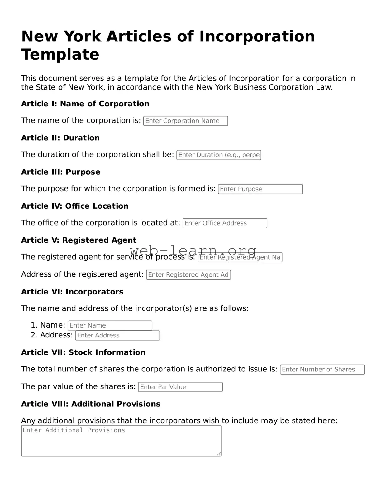 Attorney-Approved Articles of Incorporation Document for the State of New York