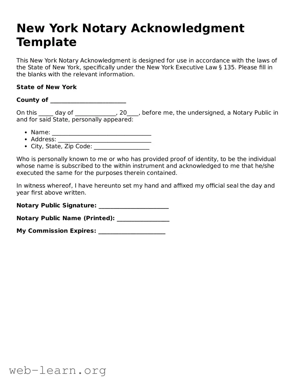 Attorney-Approved Notary Acknowledgement Document for the State of New York