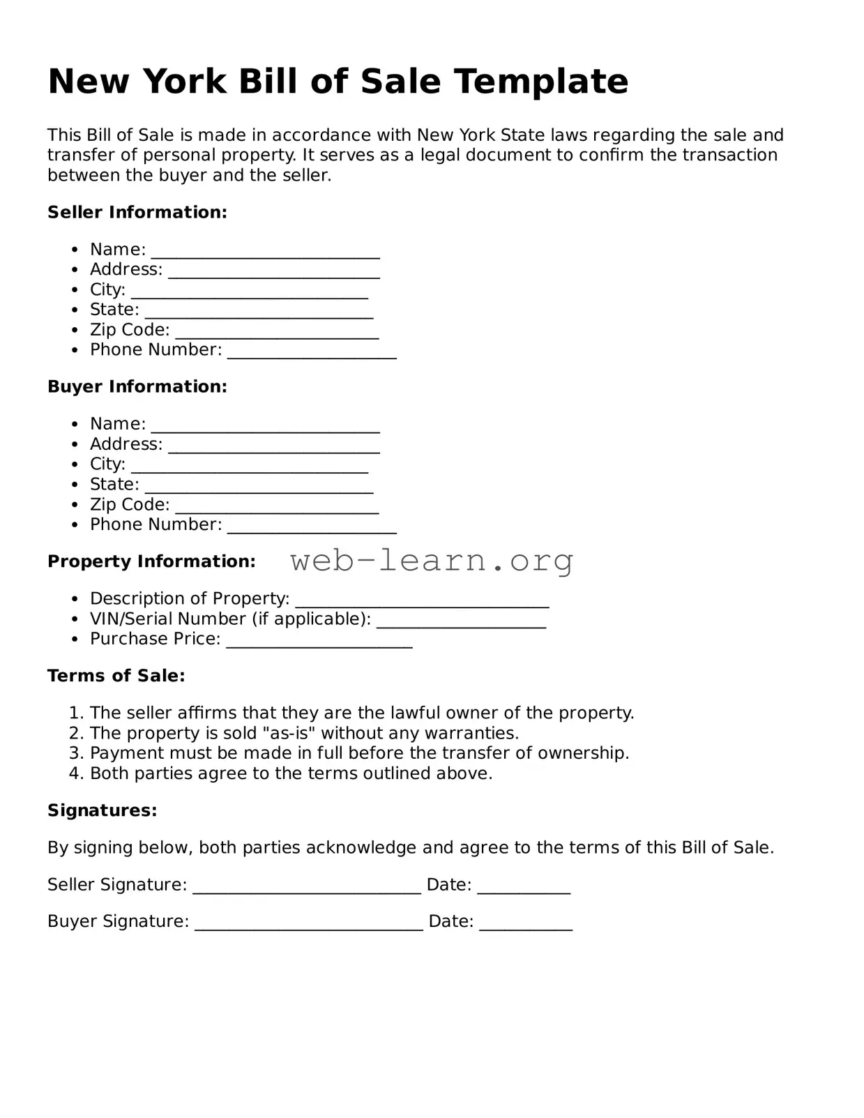 Attorney-Approved Bill of Sale Document for the State of New York