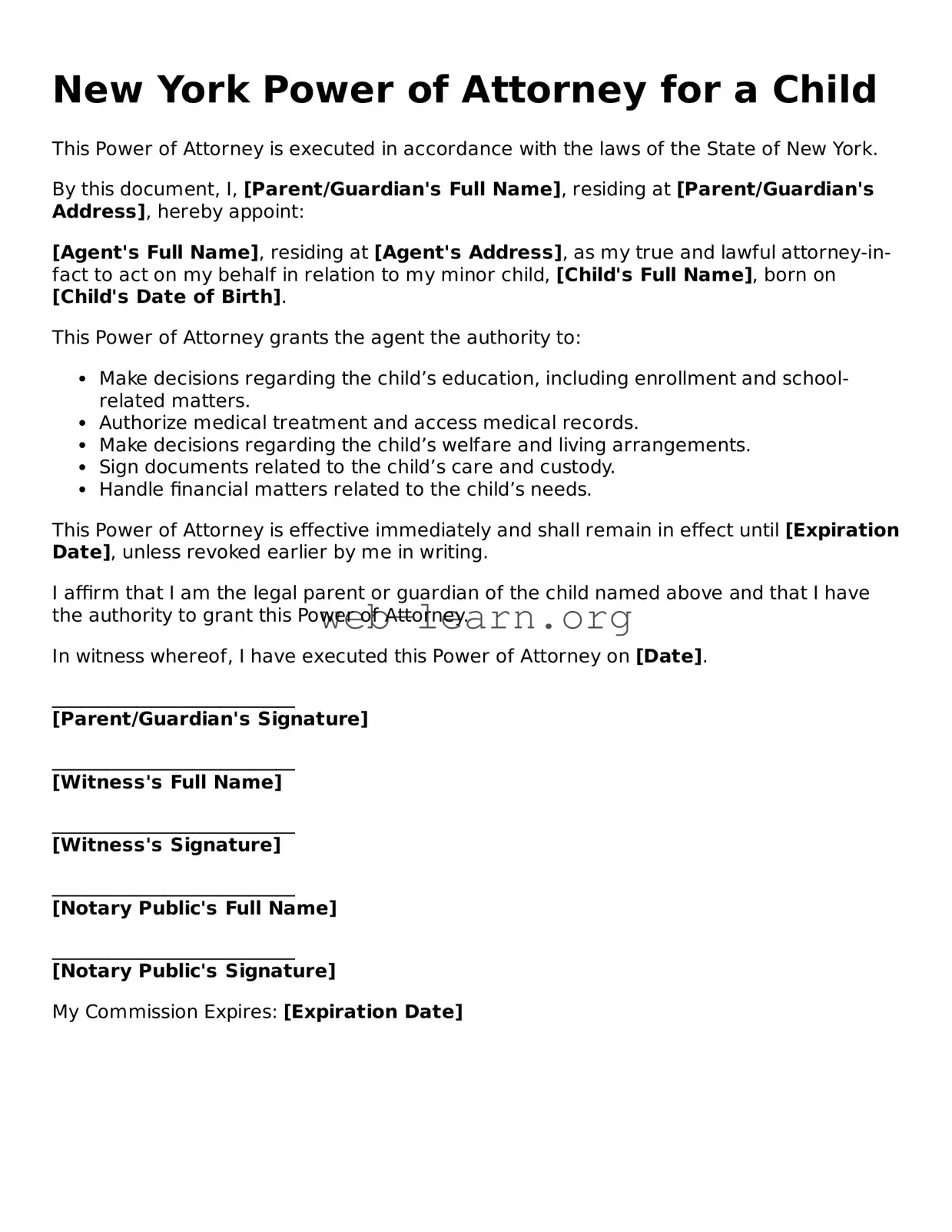 Attorney-Approved Power of Attorney for a Child Document for the State of New York