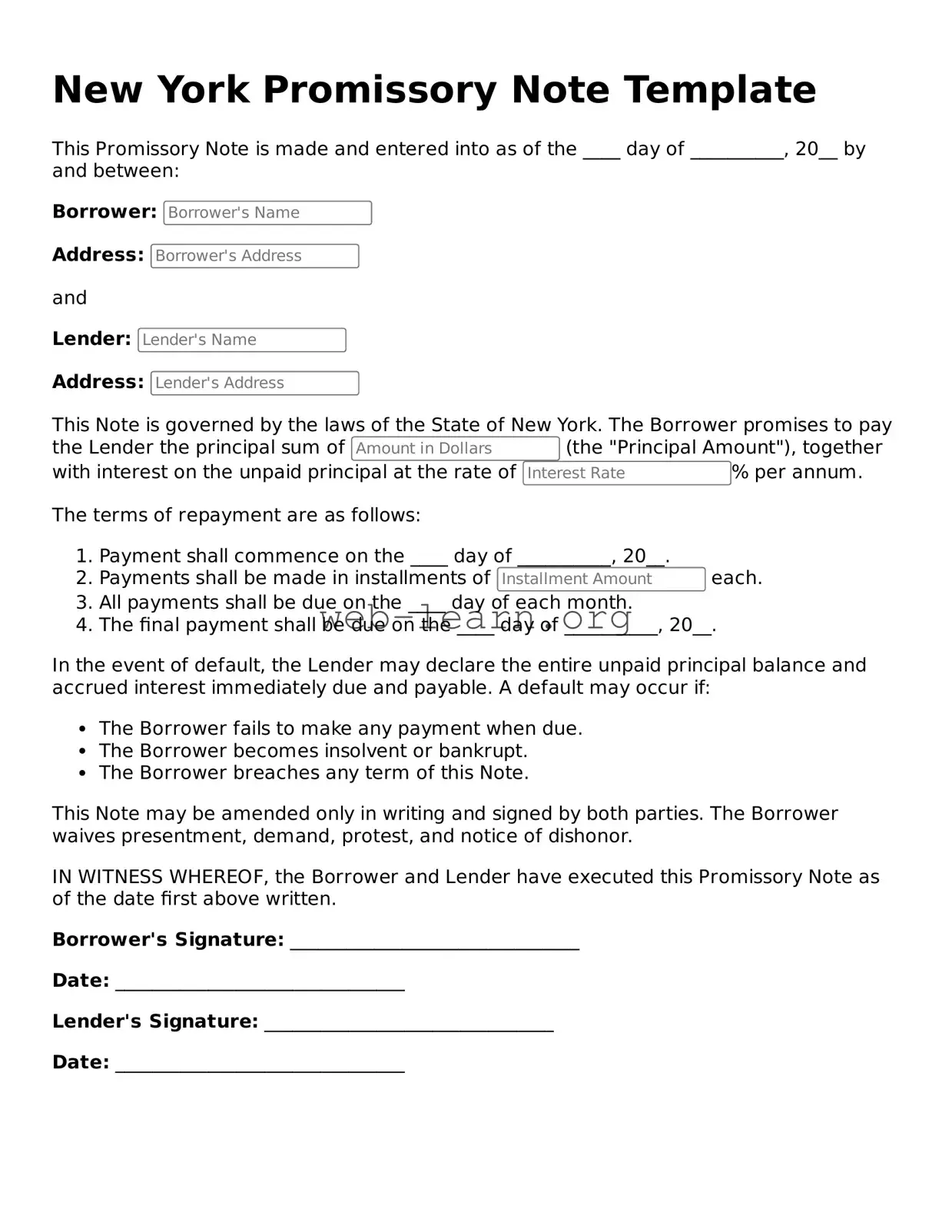 Attorney-Approved Promissory Note Document for the State of New York