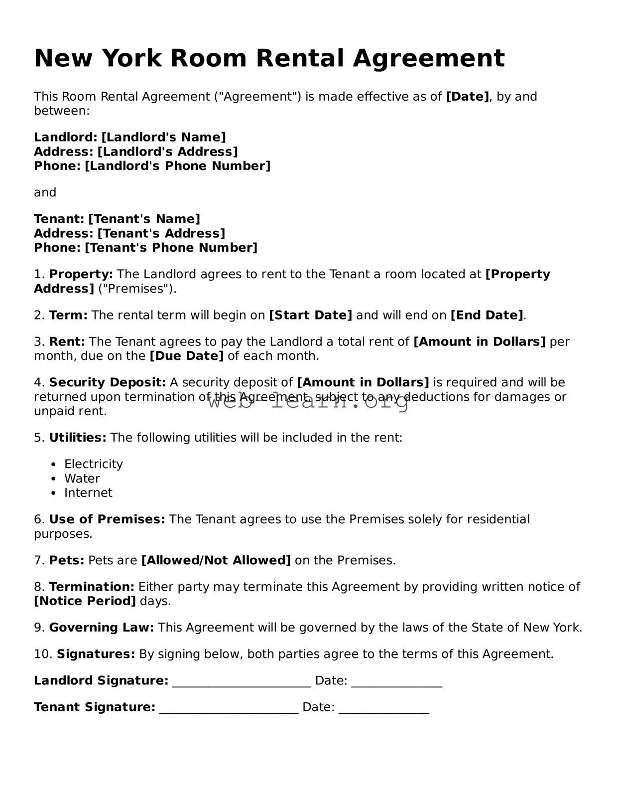 Attorney-Approved Room Rental Agreement Document for the State of New York