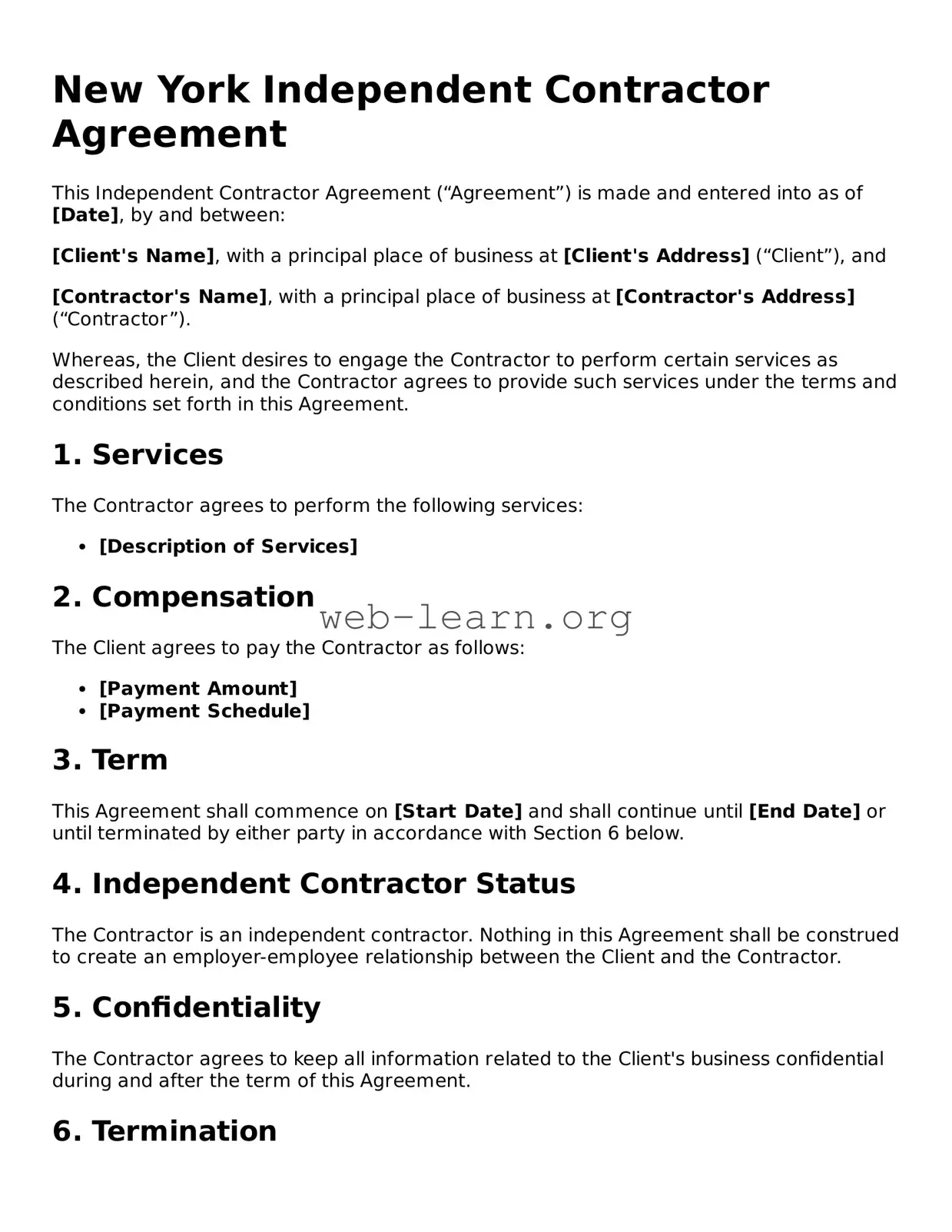 Attorney-Approved Independent Contractor Agreement Document for the State of New York