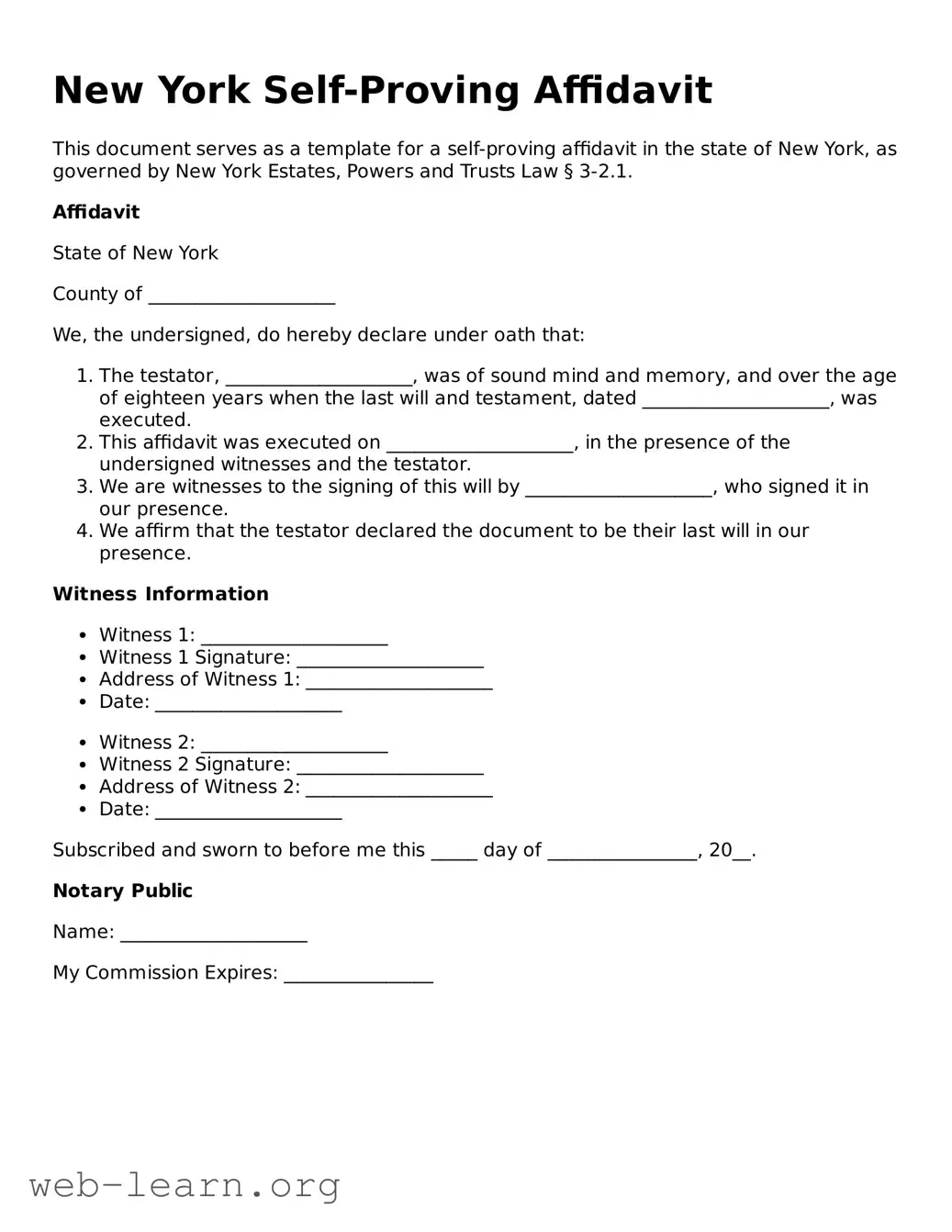 Attorney-Approved Self-Proving Affidavit Document for the State of New York