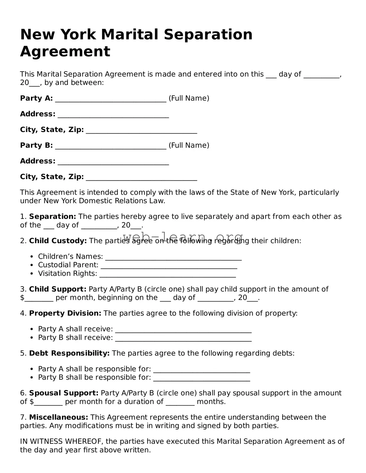 Attorney-Approved Marital Separation Agreement Document for the State of New York