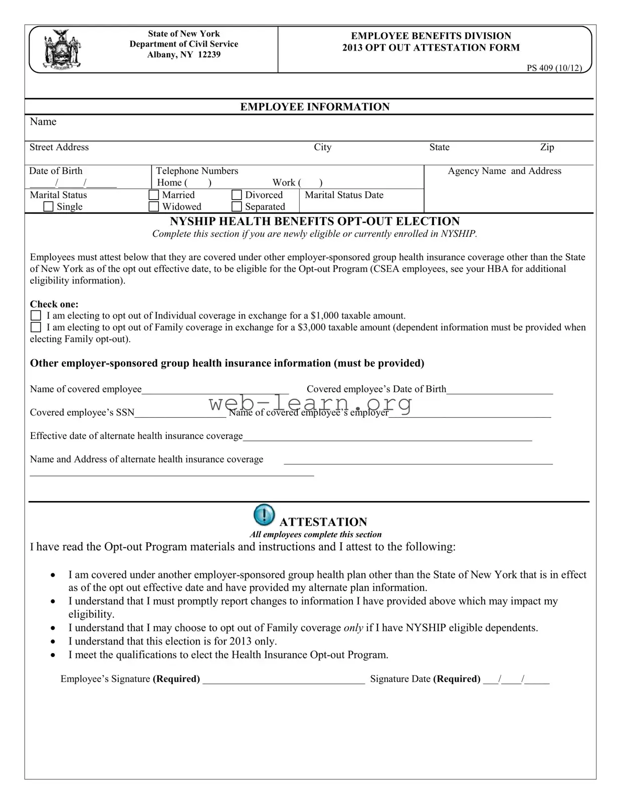 Blank New York Ps 409 Form