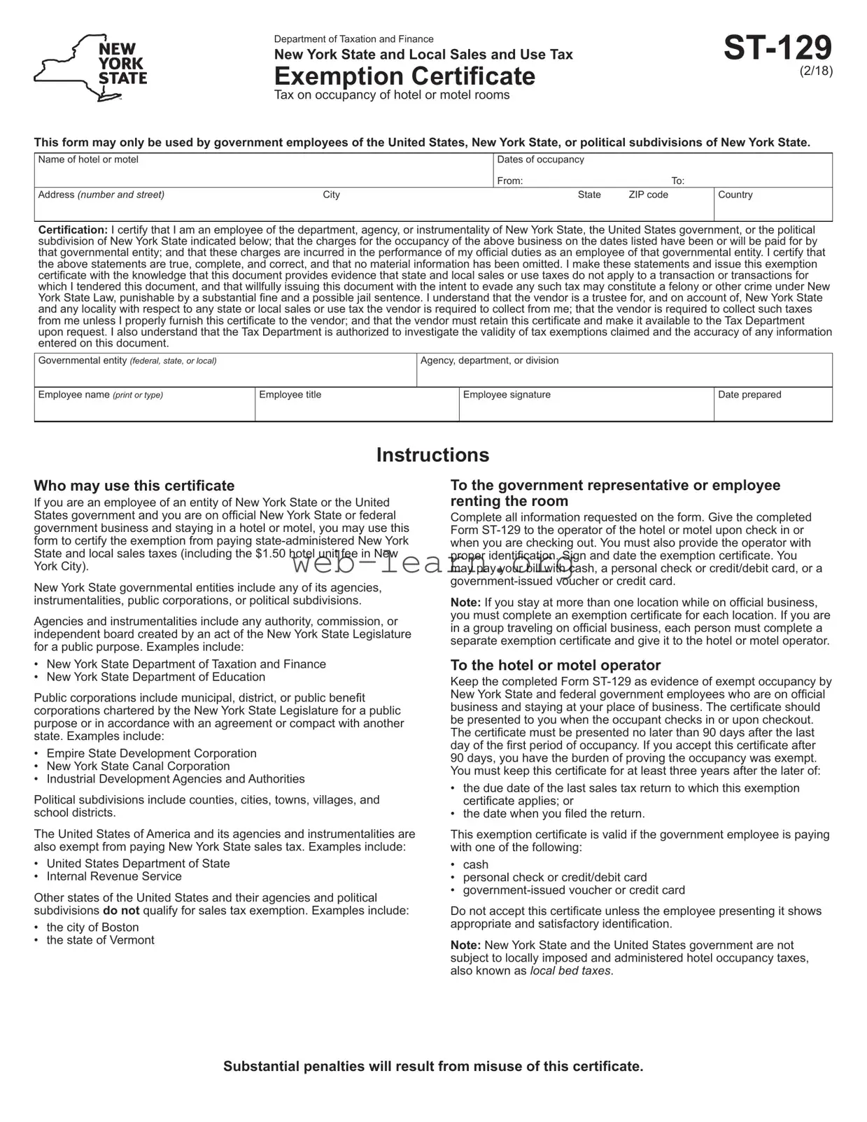 Blank New York Hotel Tax Exempt Form