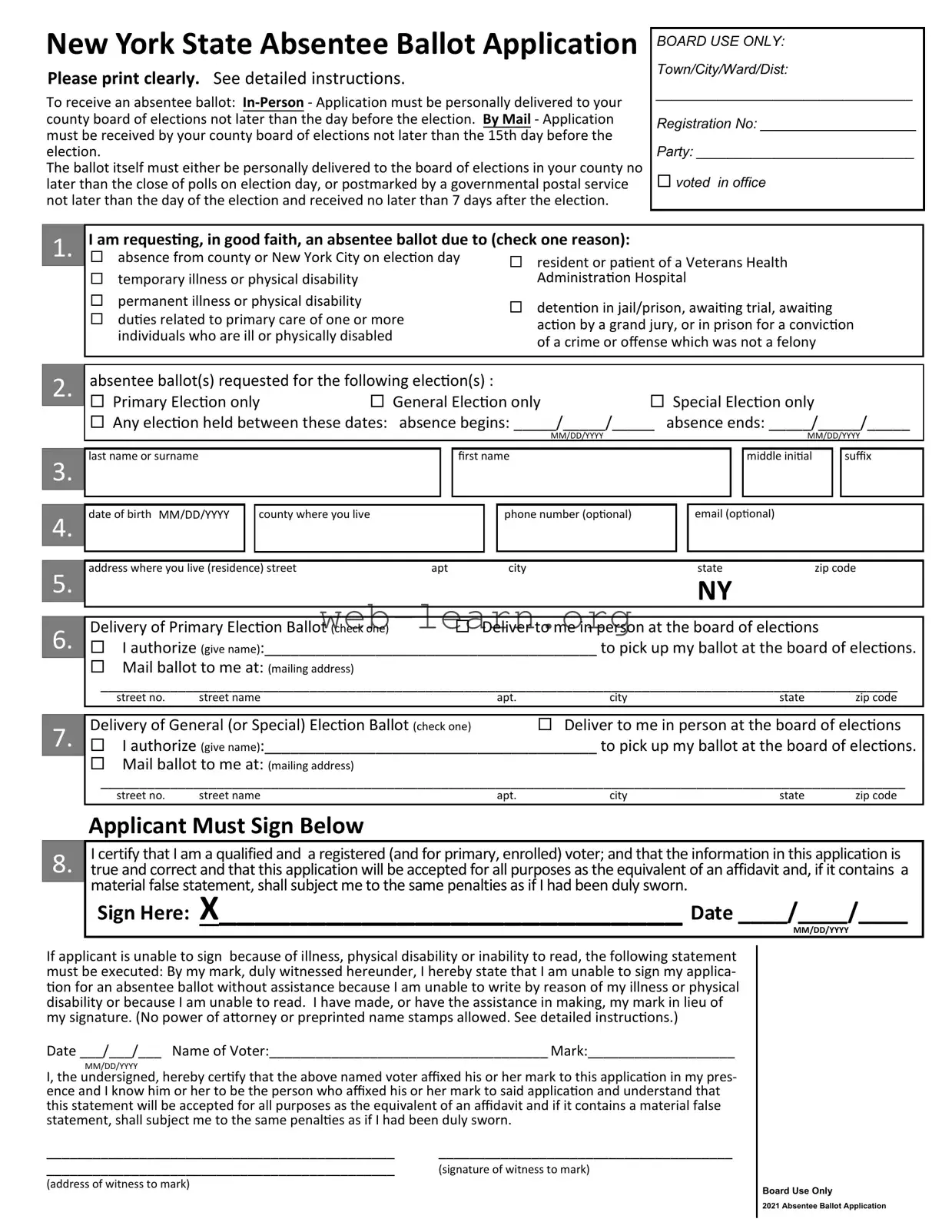 Blank New York Absentee Ballot Application Form