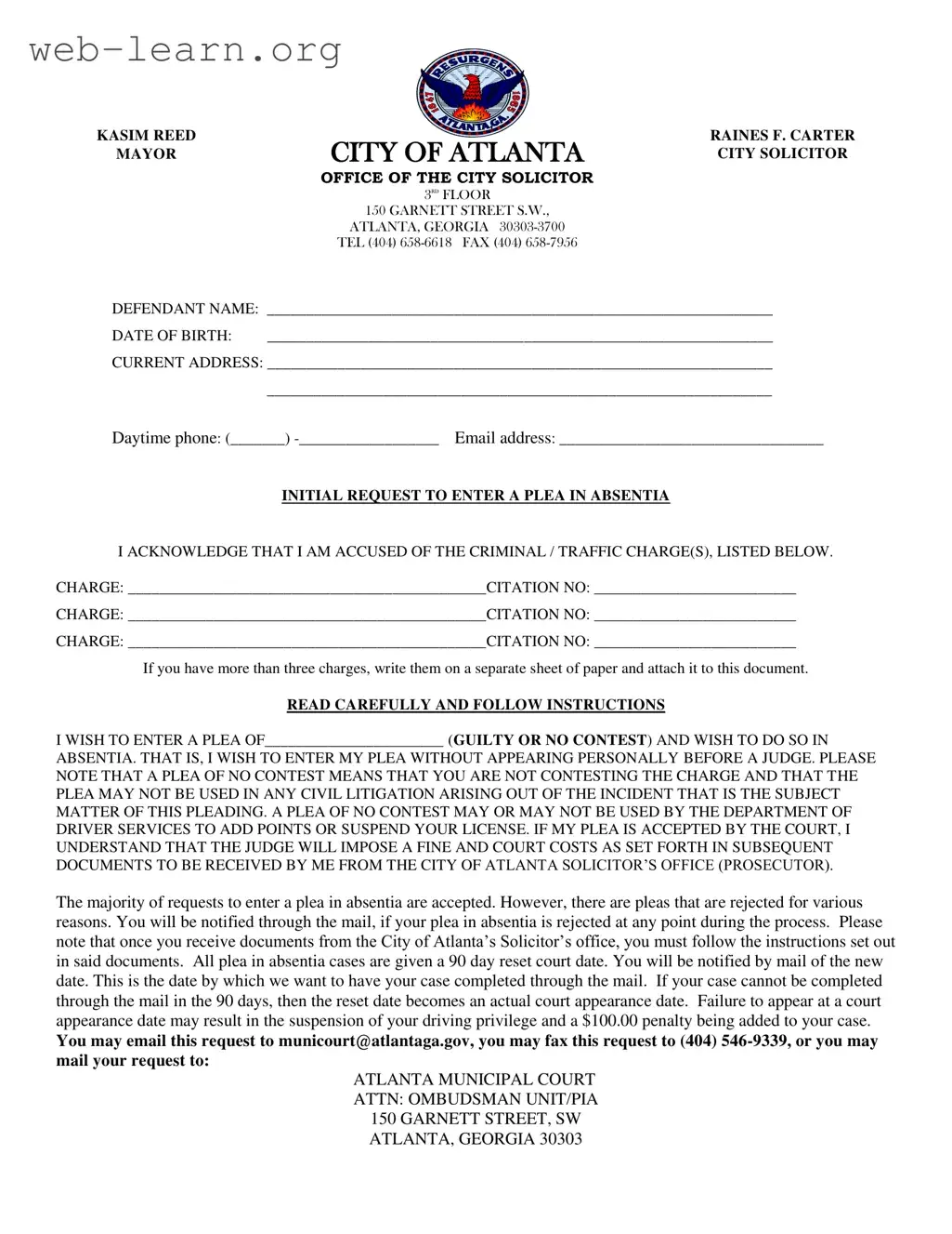 Blank Georgia Plea Absentia Form