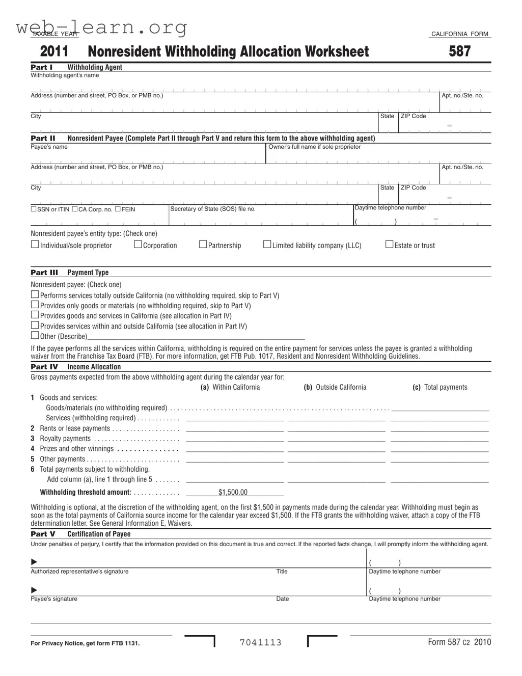 Blank California 587 Form