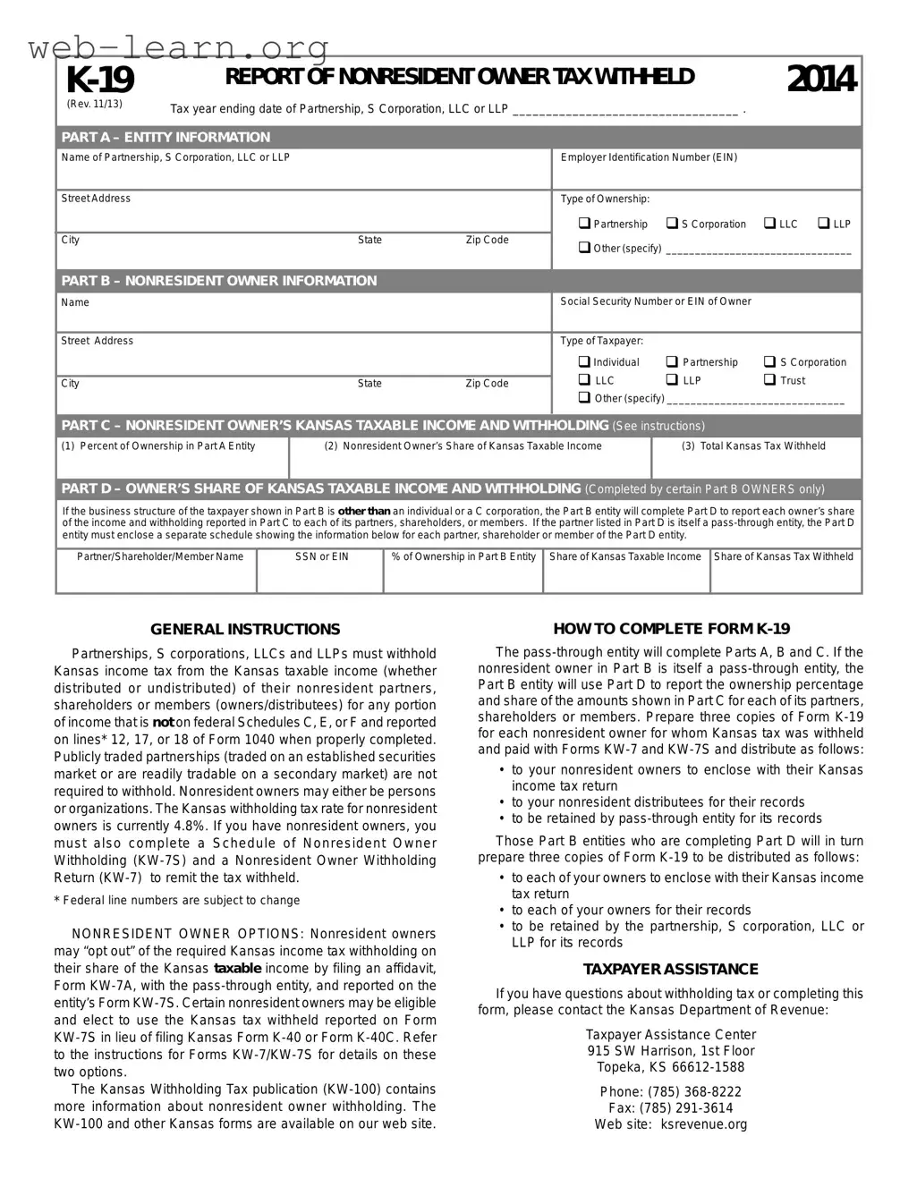 Blank Kansas K 19 Form