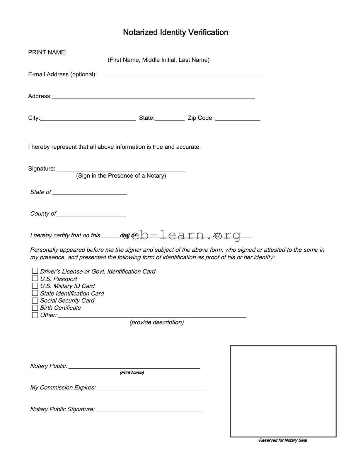 Blank Notarized Identity Verification Form