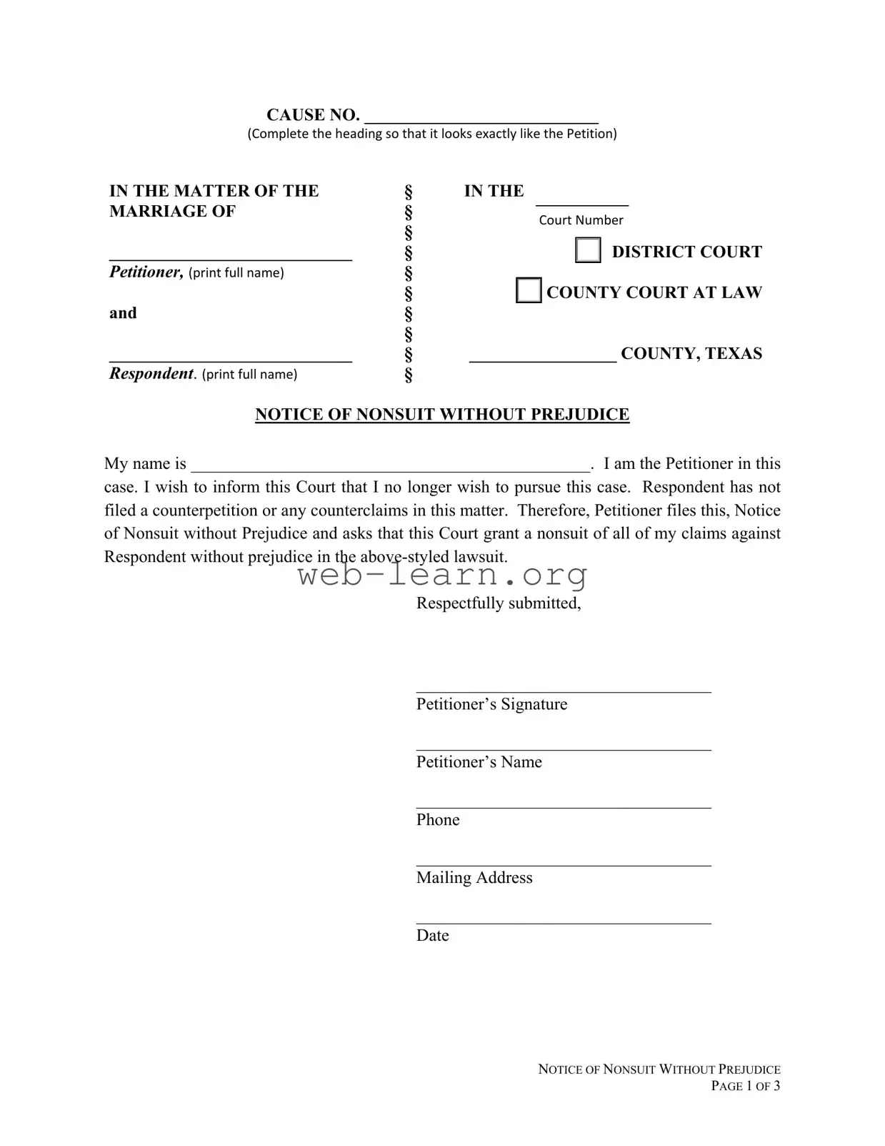 Blank Texas Notice Of Nonsuit Form