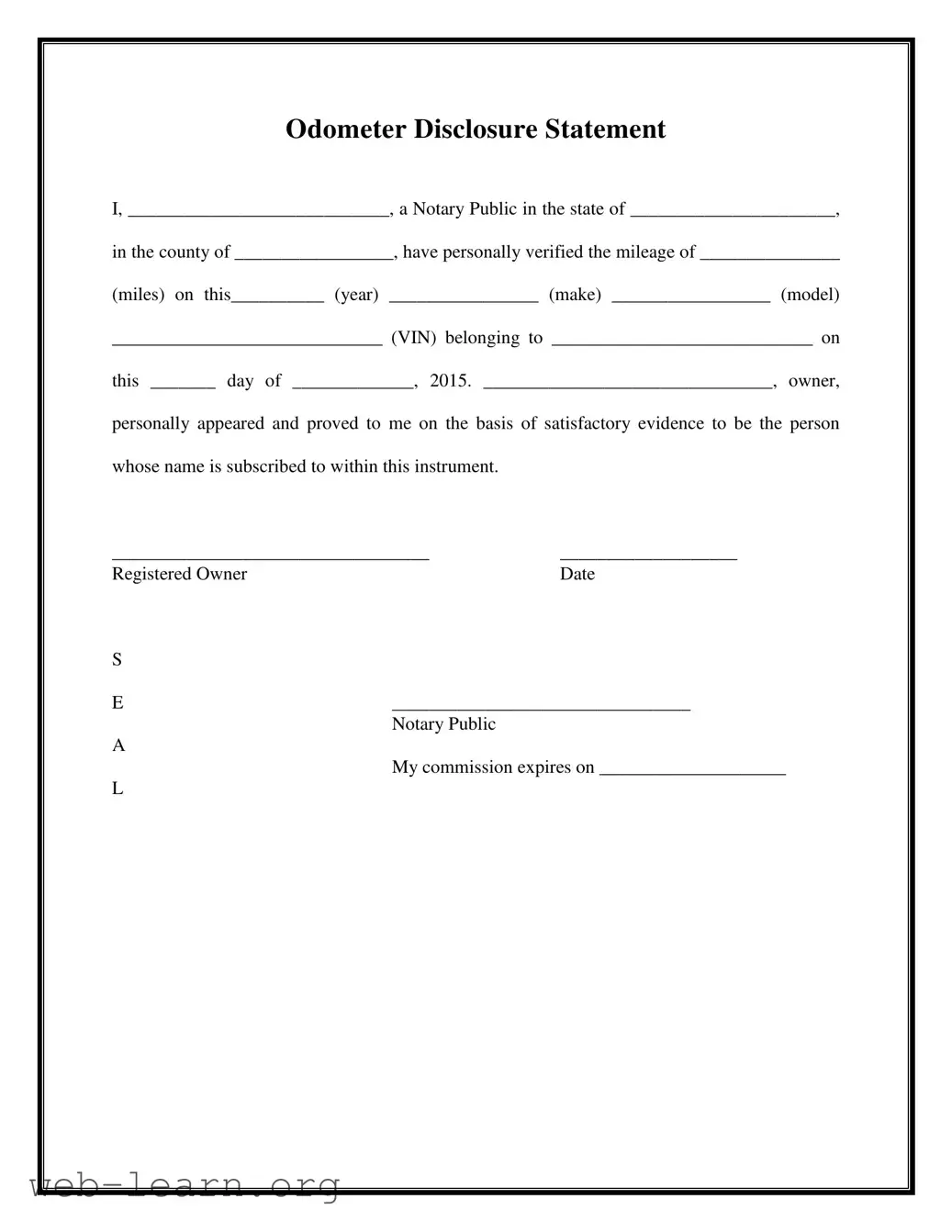 Blank Notarized Odometer Statement Form
