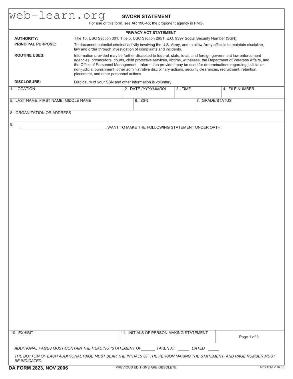 Blank Da 2823 Form