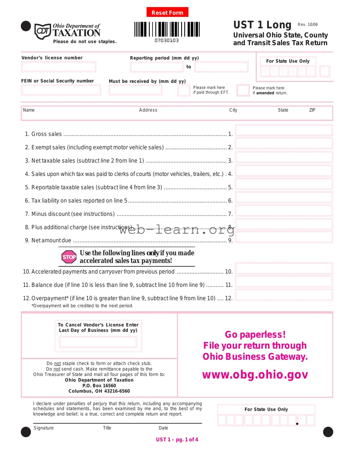 Blank Ohio Sales Tax Ust 1 Form