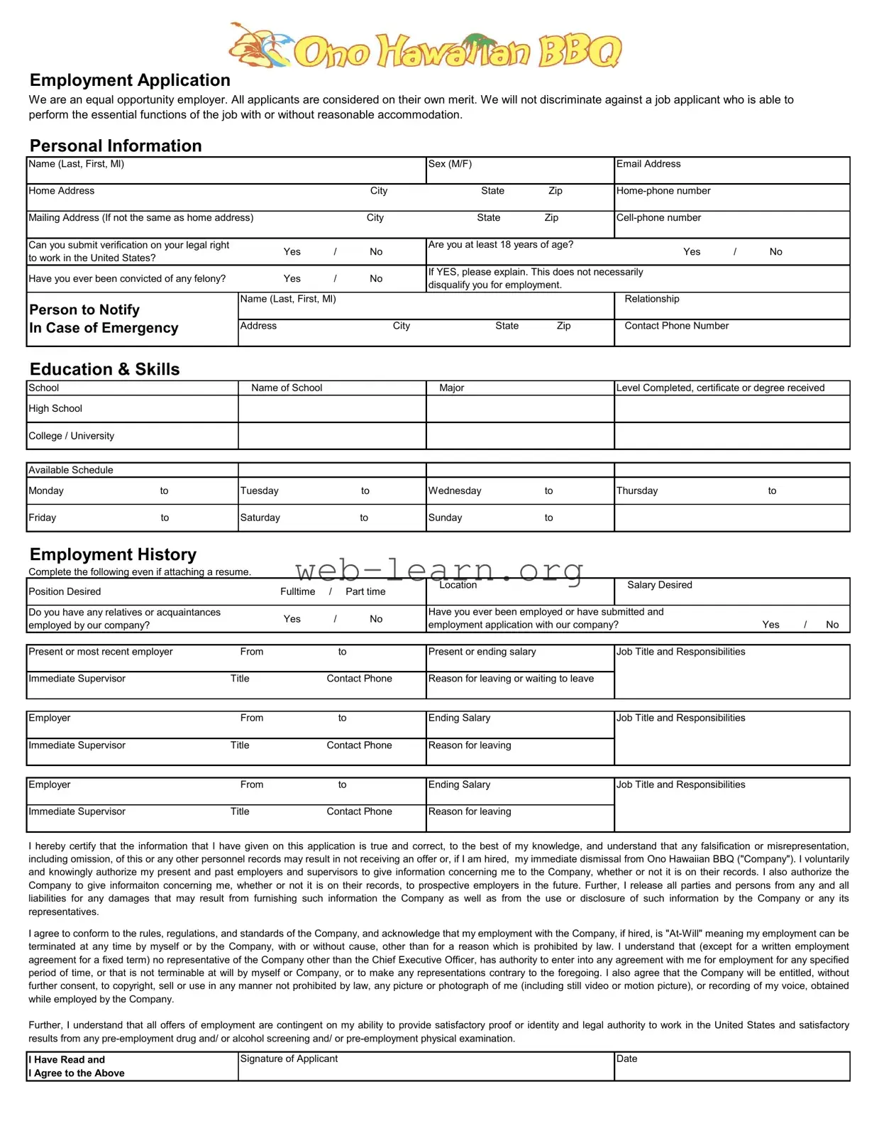 Blank Ono Hawaiian Bbq Job Application Form