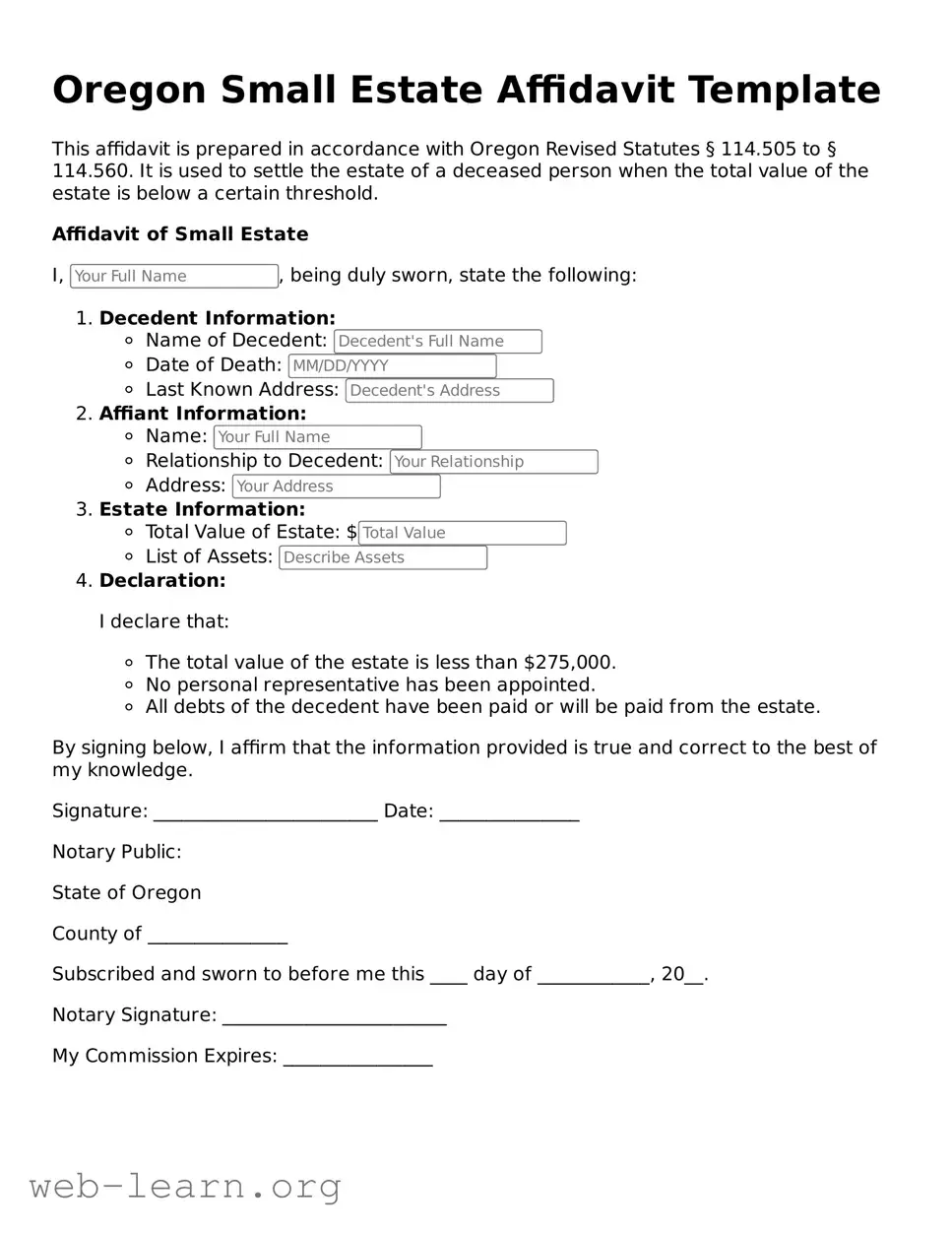 Attorney-Approved Small Estate Affidavit Document for the State of Oregon
