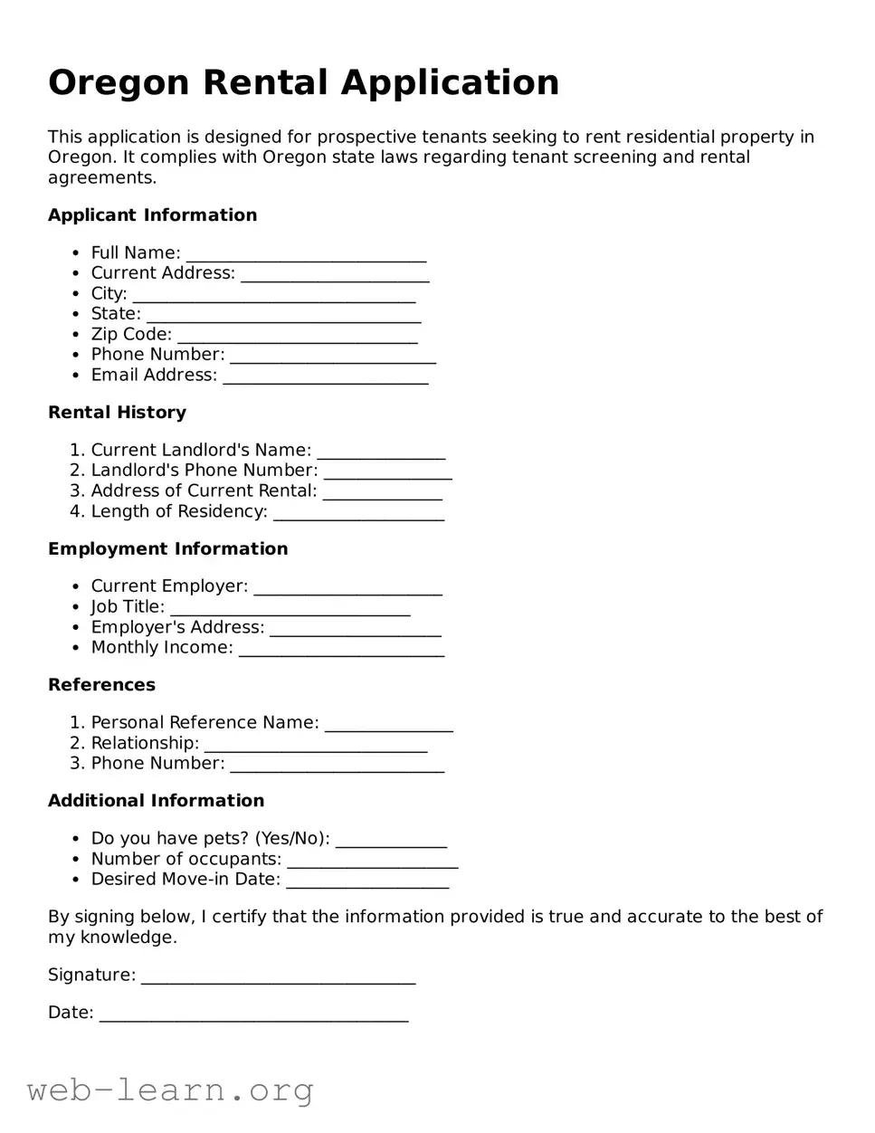 Attorney-Approved Rental Application Document for the State of Oregon