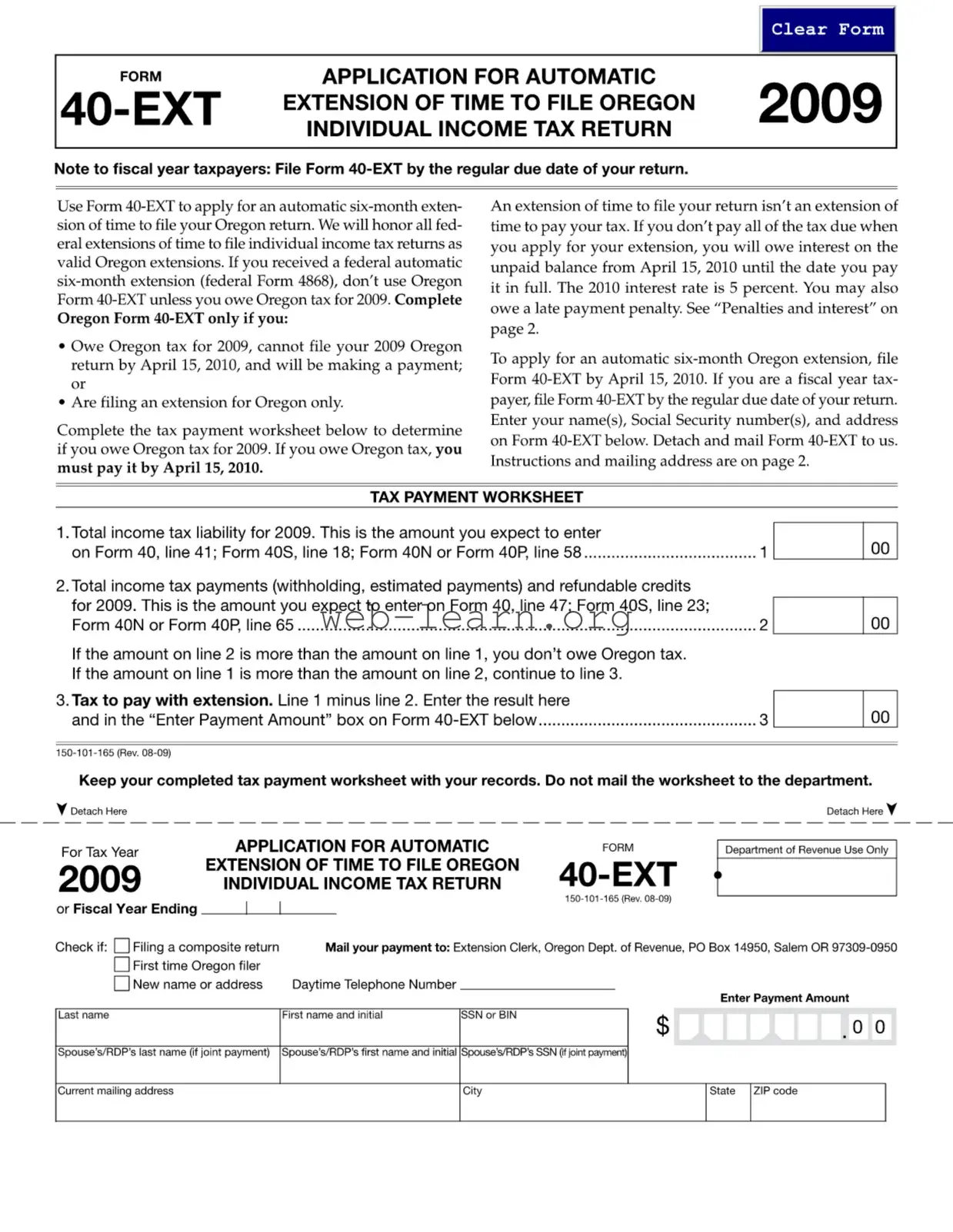 Blank Oregon 40 Ext Form