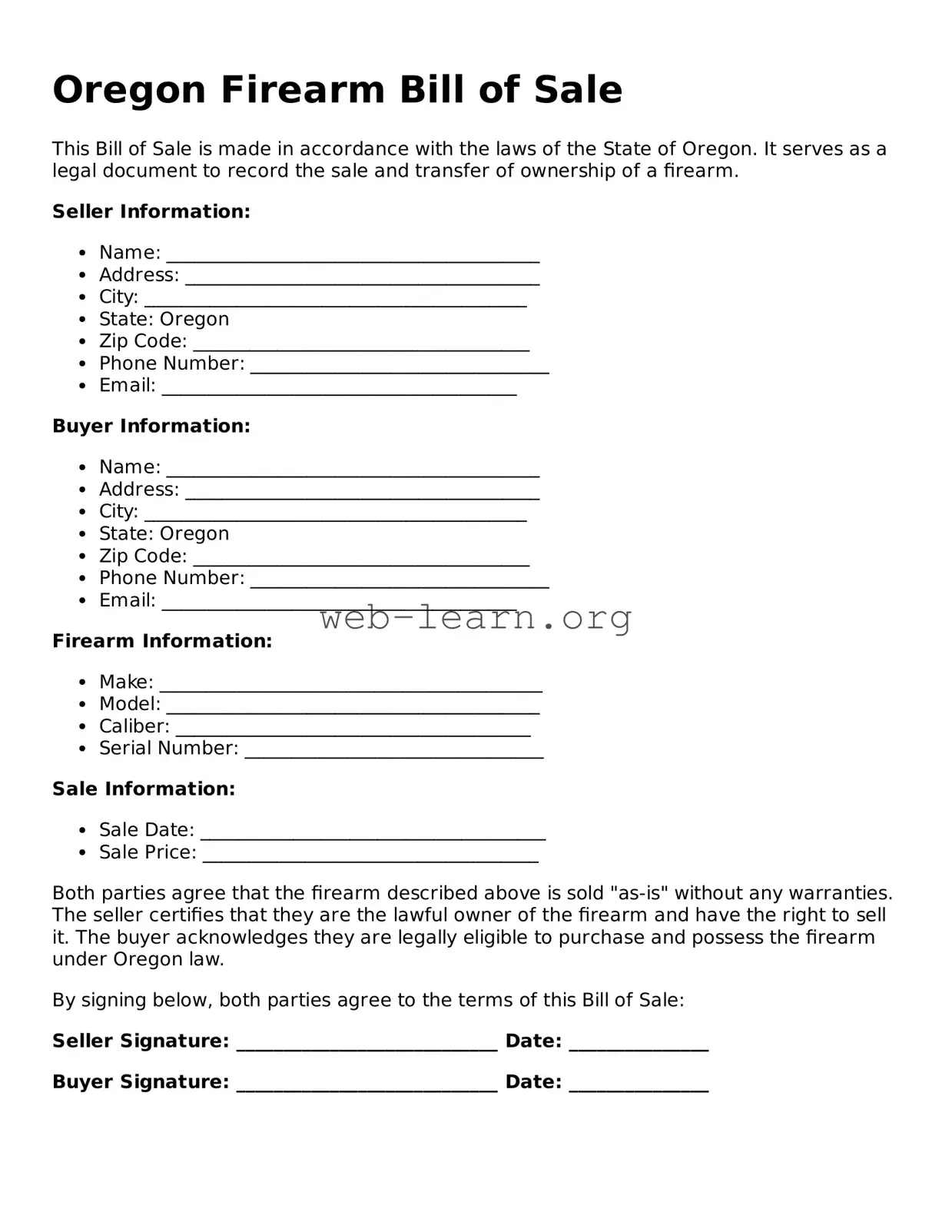 Attorney-Approved Firearm Bill of Sale Document for the State of Oregon