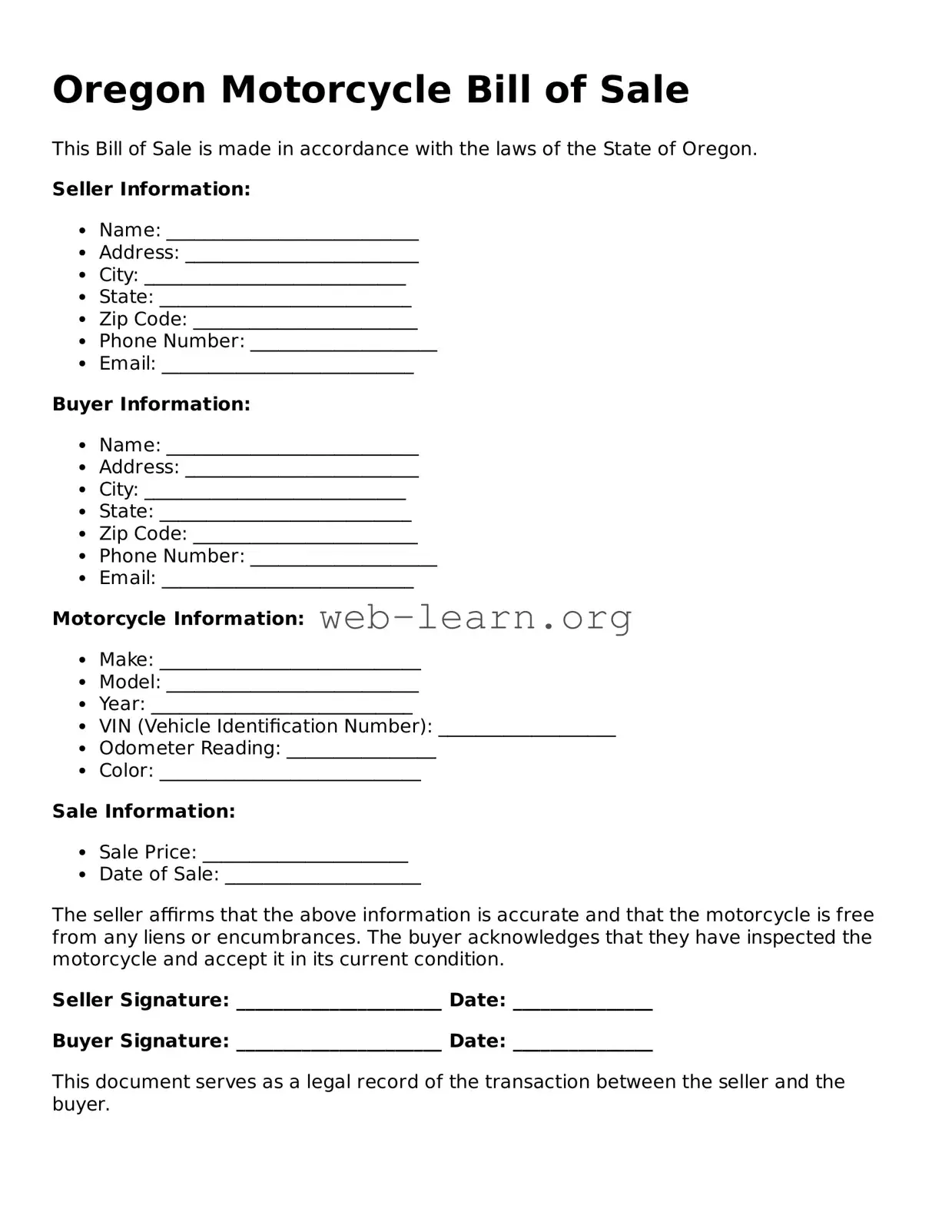 Attorney-Approved Motorcycle Bill of Sale Document for the State of Oregon