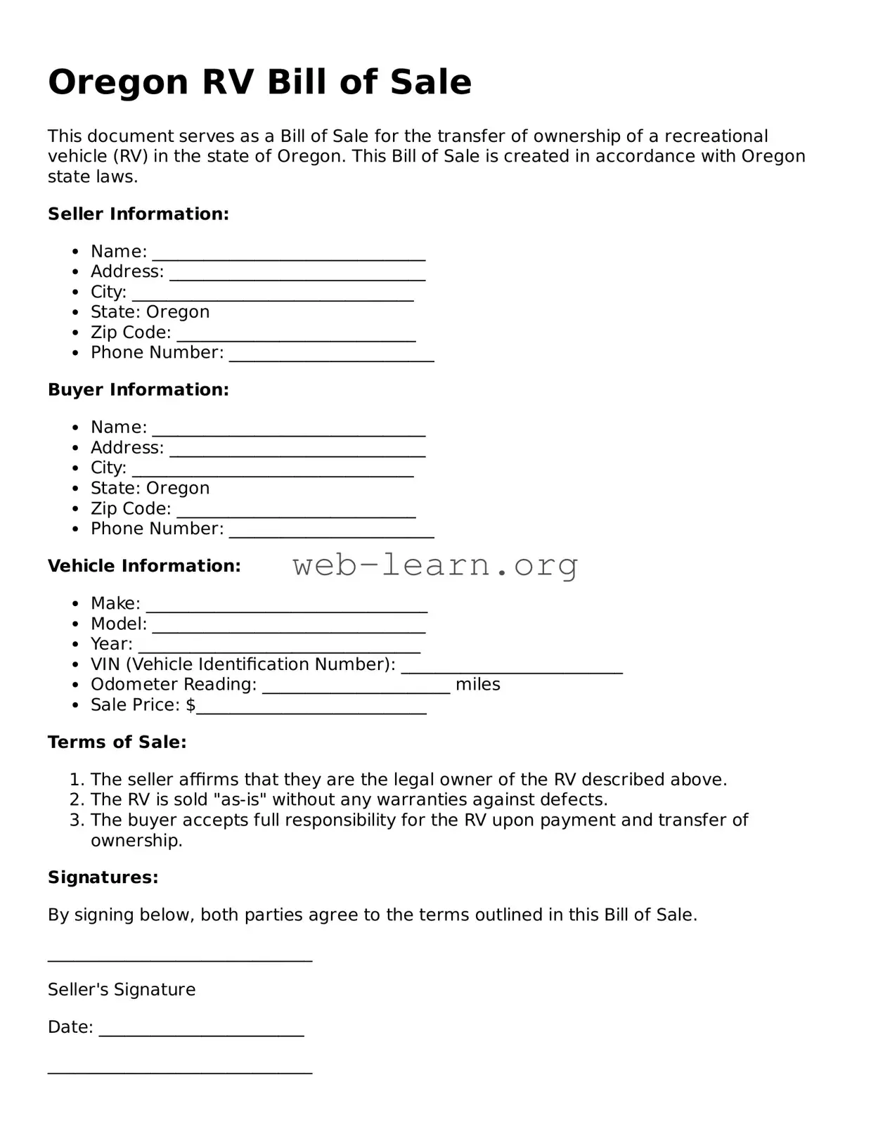 Attorney-Approved RV Bill of Sale Document for the State of Oregon