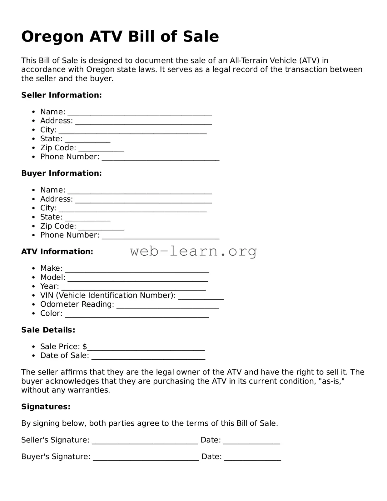 Attorney-Approved ATV Bill of Sale Document for the State of Oregon