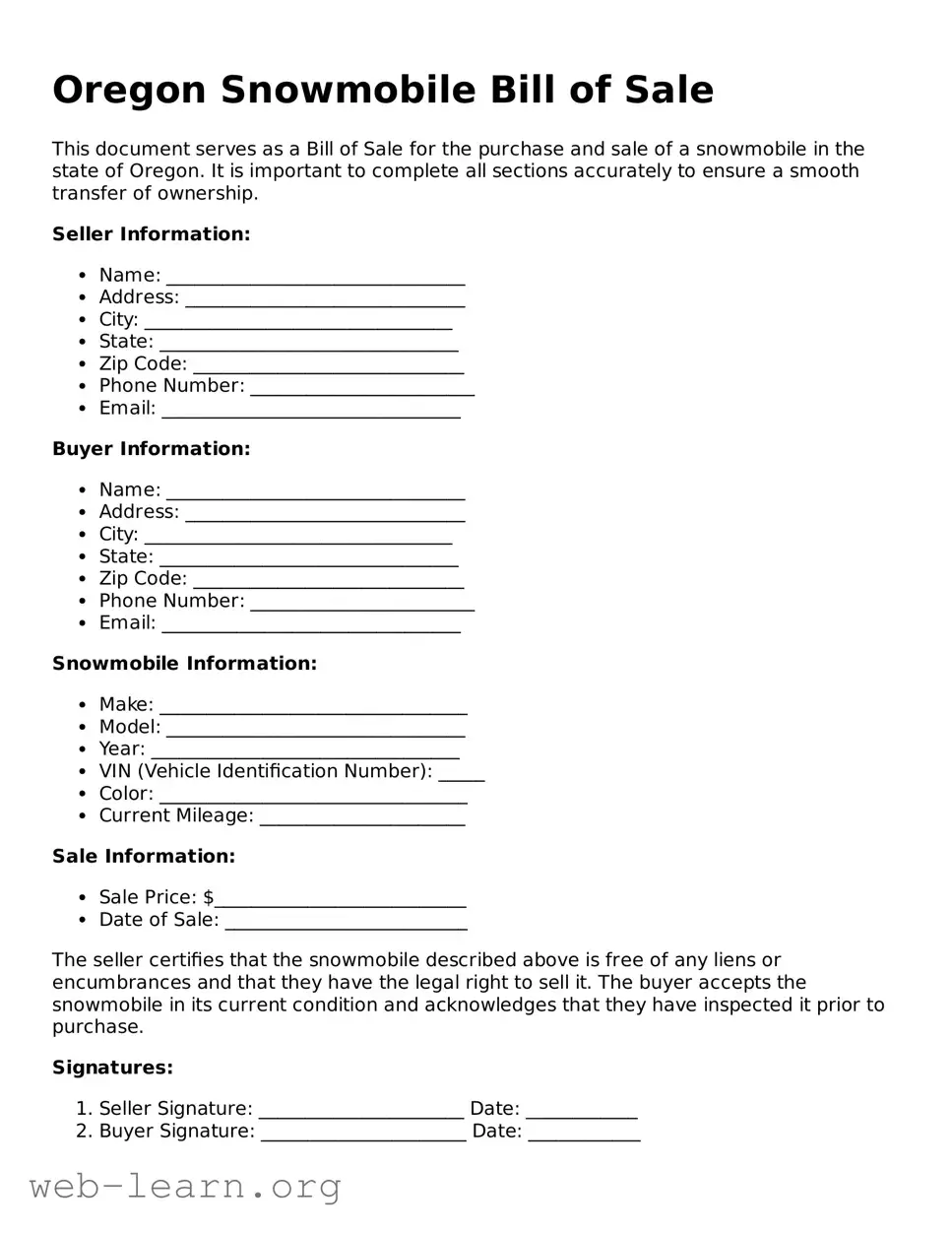 Attorney-Approved Snowmobile Bill of Sale Document for the State of Oregon