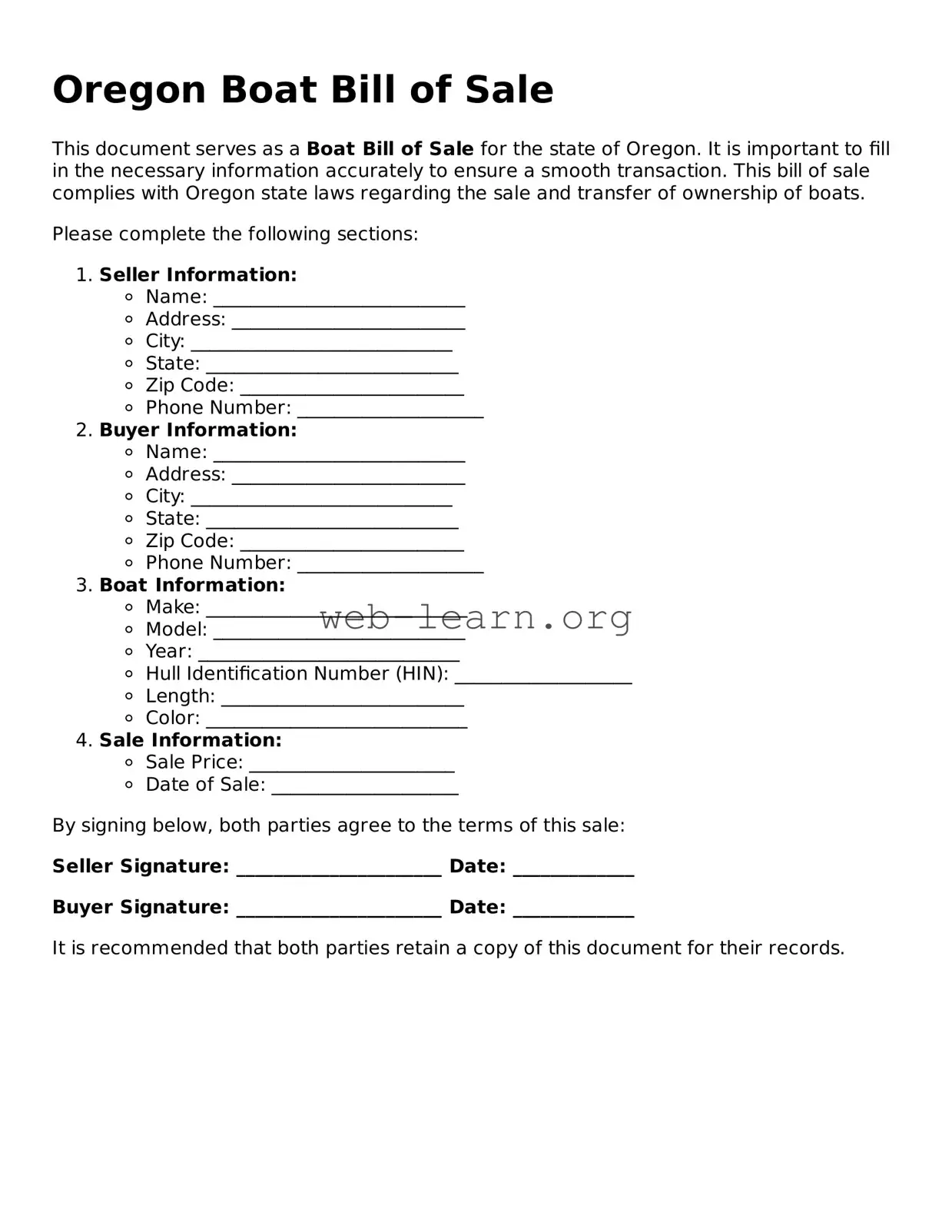 Attorney-Approved Boat Bill of Sale Document for the State of Oregon