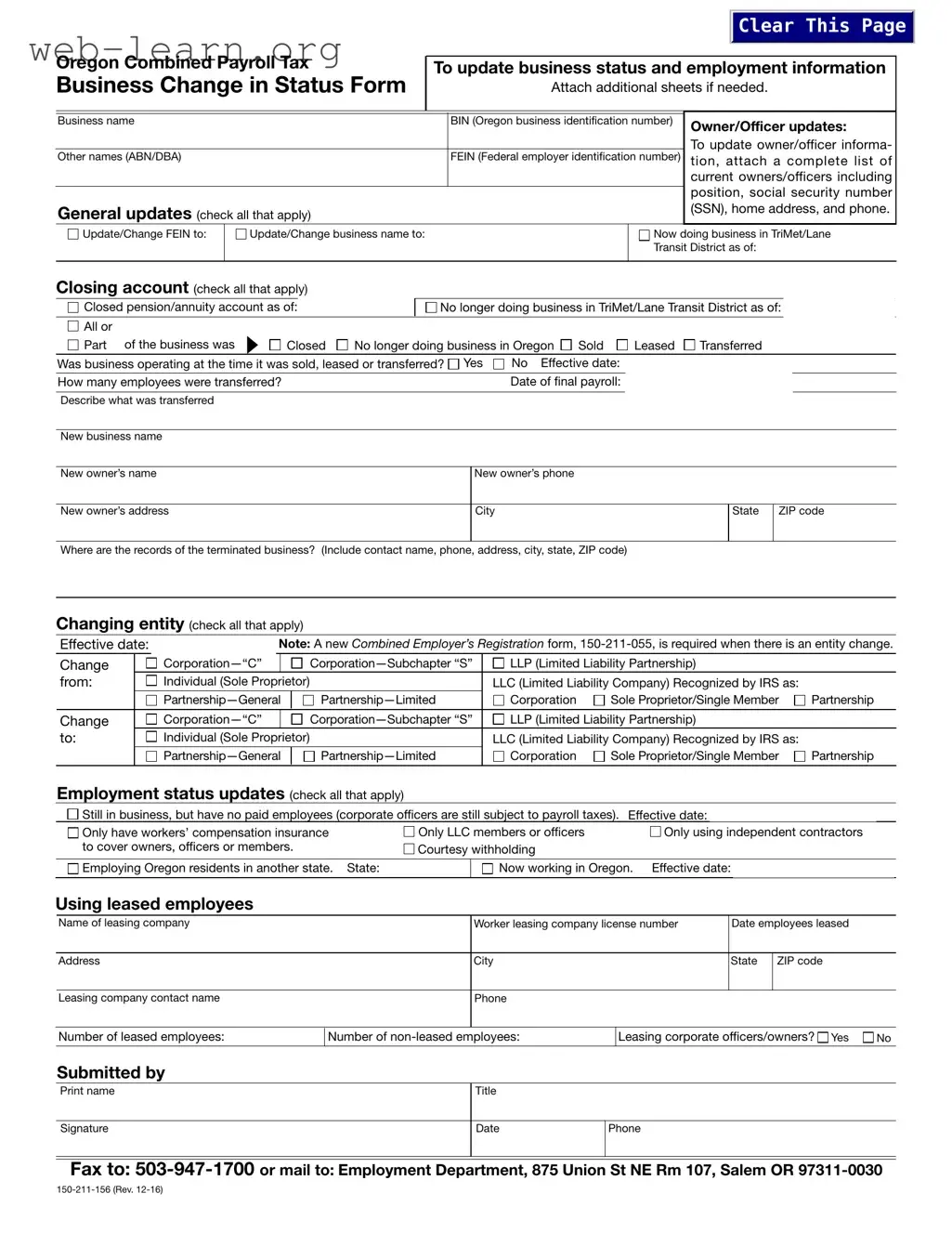 Blank Bin Oregon Form