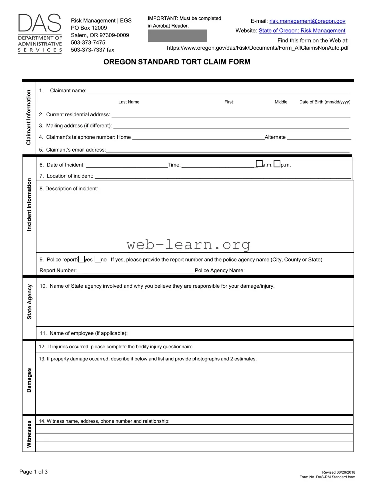Blank Oregon Tort Claim Form