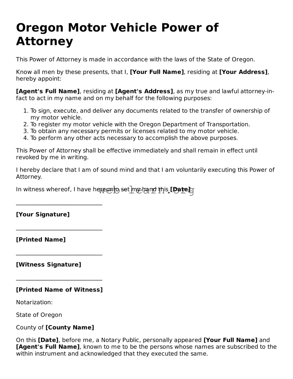Attorney-Approved Motor Vehicle Power of Attorney Document for the State of Oregon