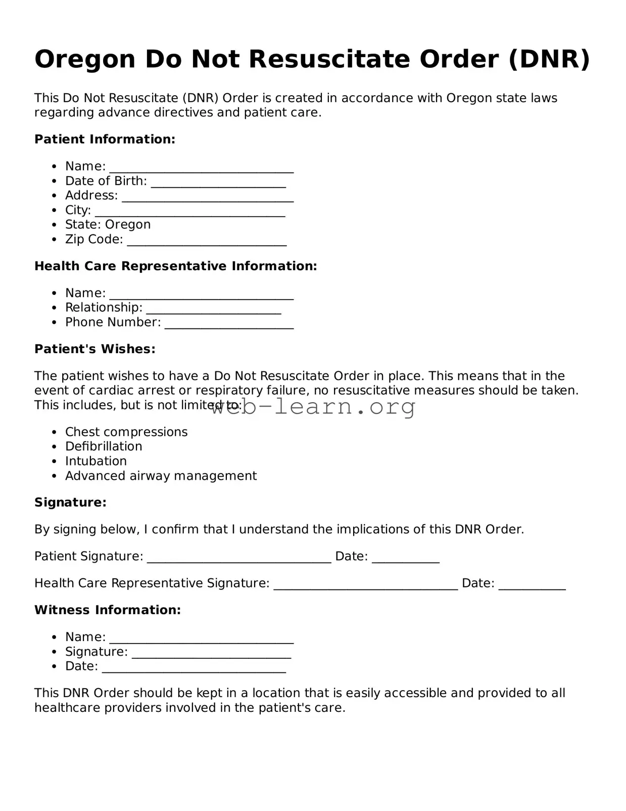 Attorney-Approved Do Not Resuscitate Order Document for the State of Oregon