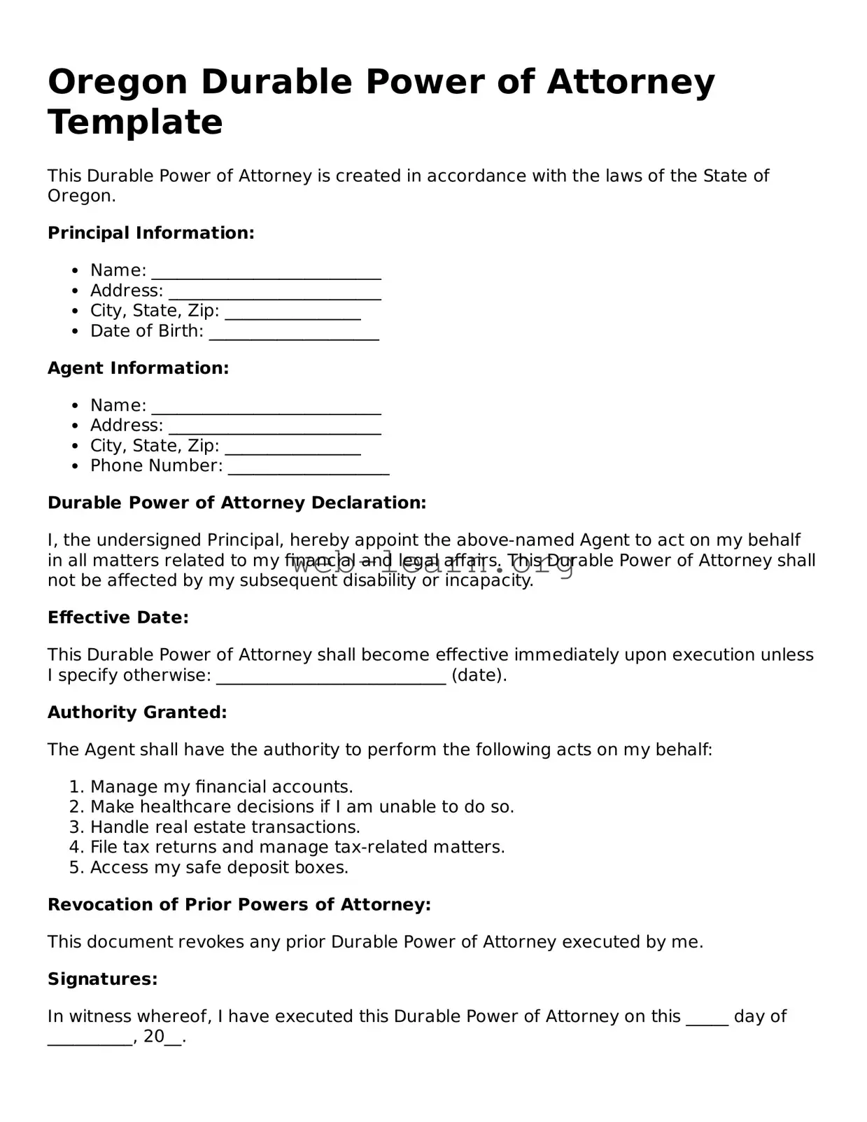 Attorney-Approved Durable Power of Attorney Document for the State of Oregon