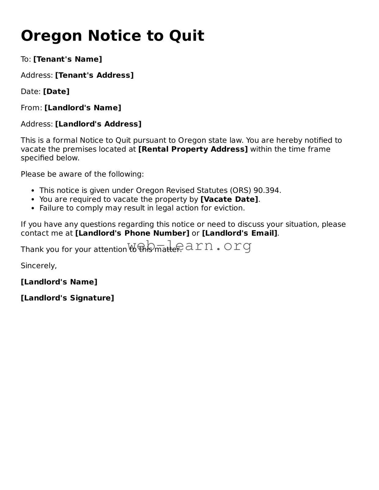 Attorney-Approved Notice to Quit Document for the State of Oregon