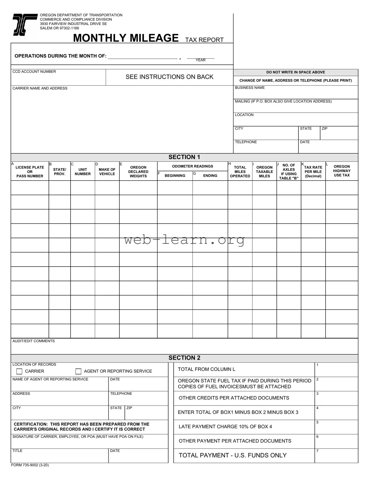 Blank Oregon Monthly Mileage Tax Form
