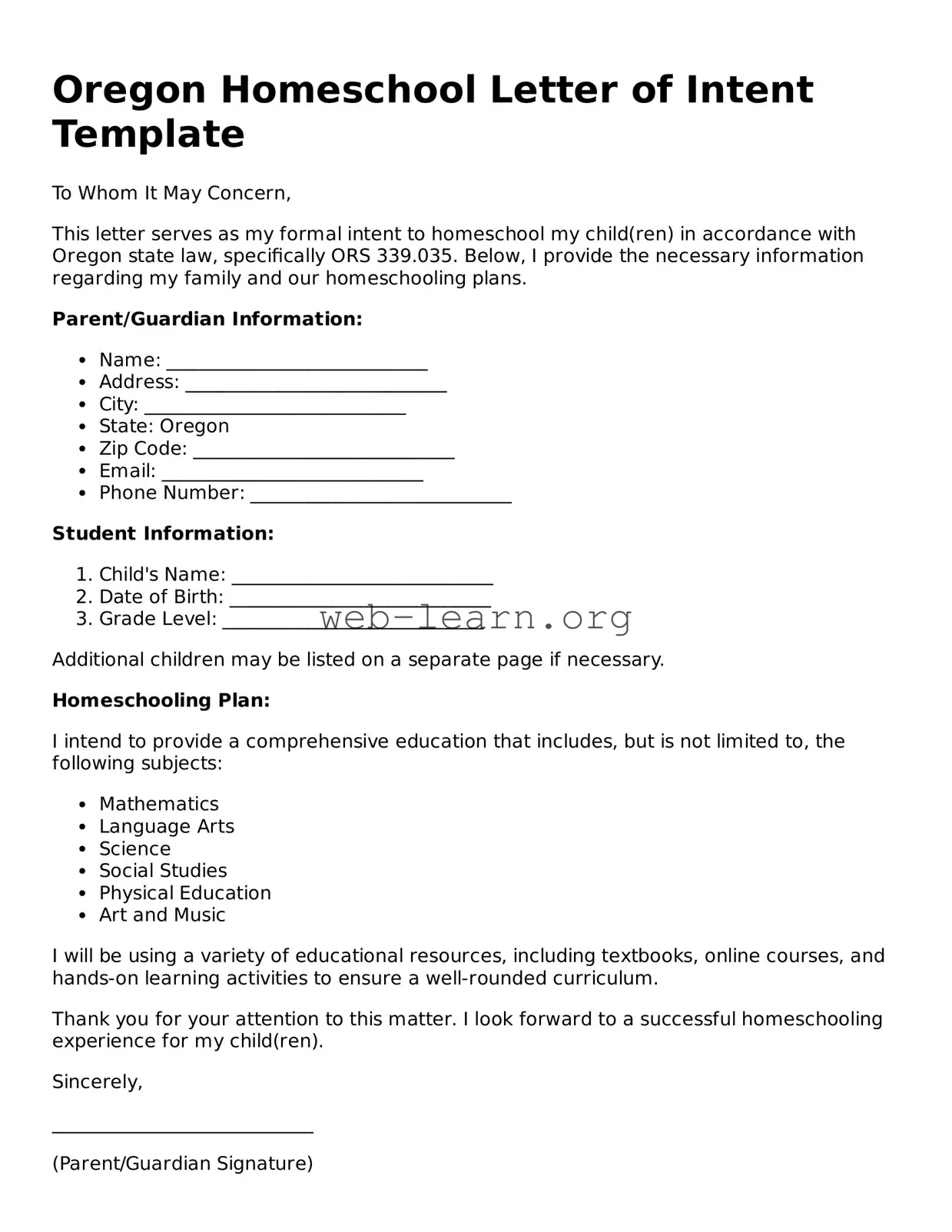 Attorney-Approved Homeschool Letter of Intent Document for the State of Oregon
