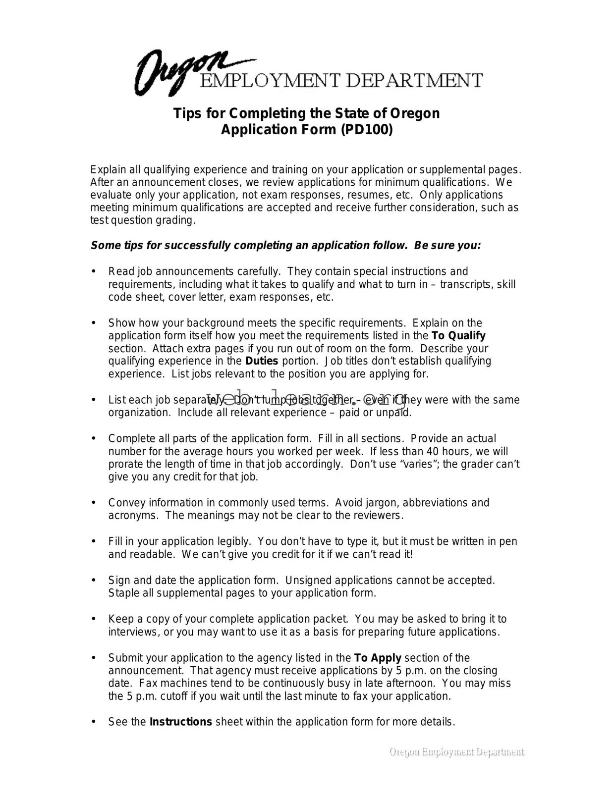 Blank State Of Oregon Jobs Form