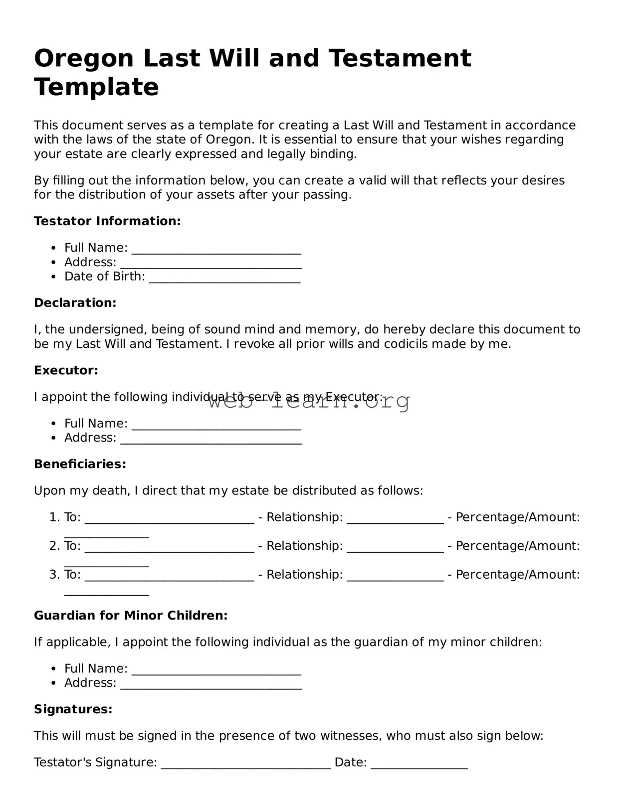 Attorney-Approved Last Will and Testament Document for the State of Oregon